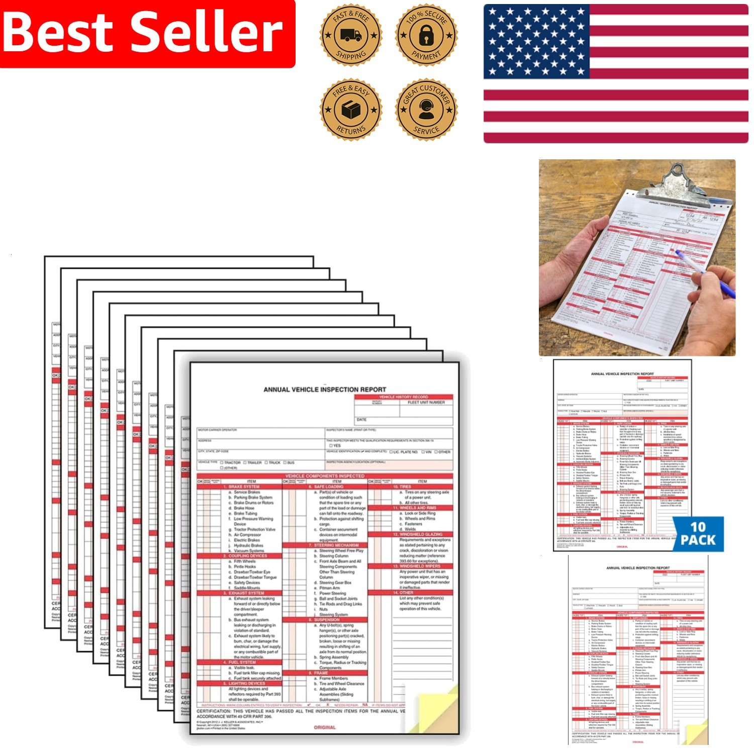 J. J. Keller 10-Pack 3-Ply Carbonless Annual Vehicle Inspection Report Forms USA