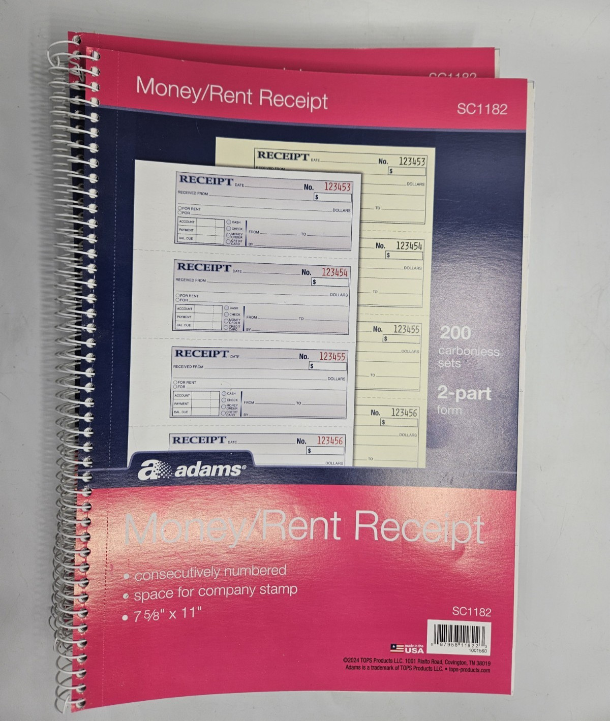 Adams Money & Rent Receipt 2-Part Carbonless Spiral Bound 200 Sets per Book -5pk