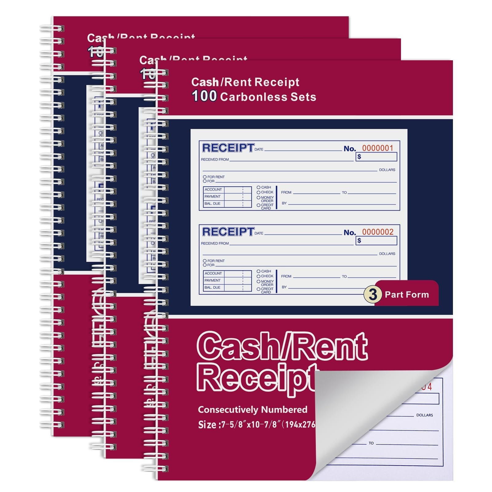 3-Pack Carbonless Receipt Books, 3-Part Spiral Bound, 100 Sets, Office & Cash Us