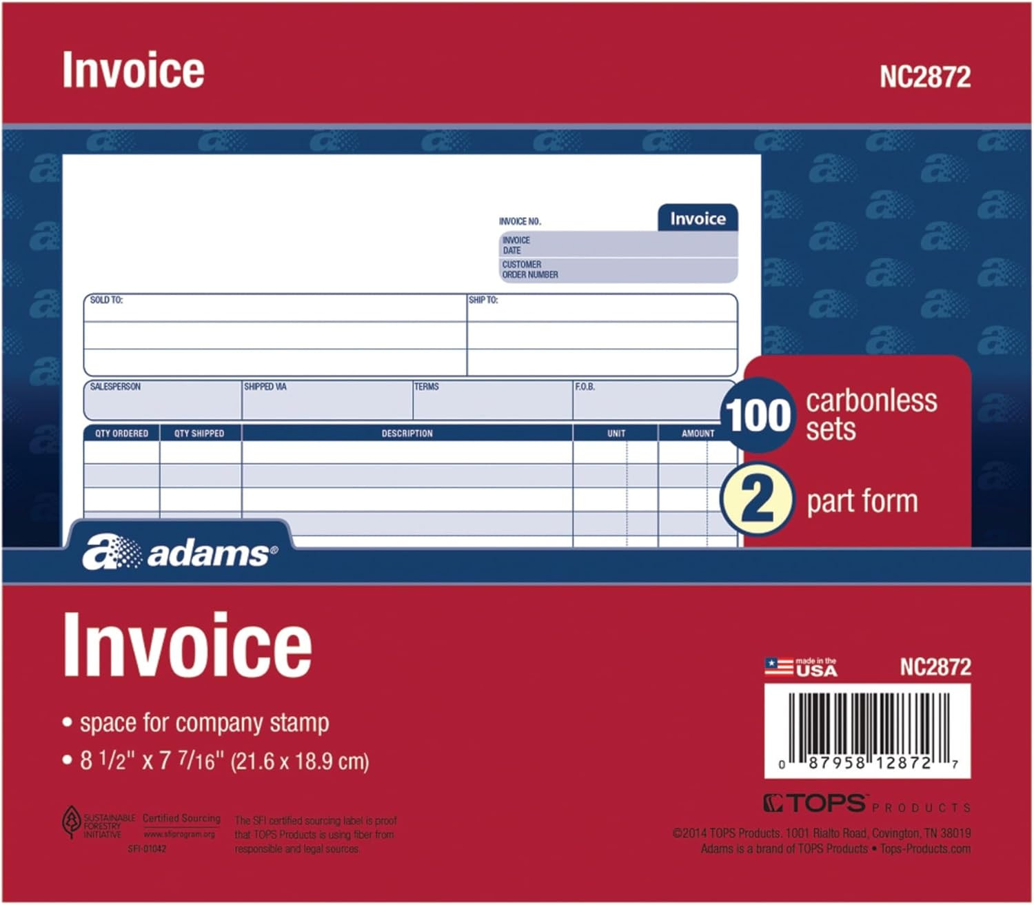 Adams Invoice Book, 2-Part Carbonless, 8-1/2″ X 7-7/16″, 50 Sets per Book (NC287