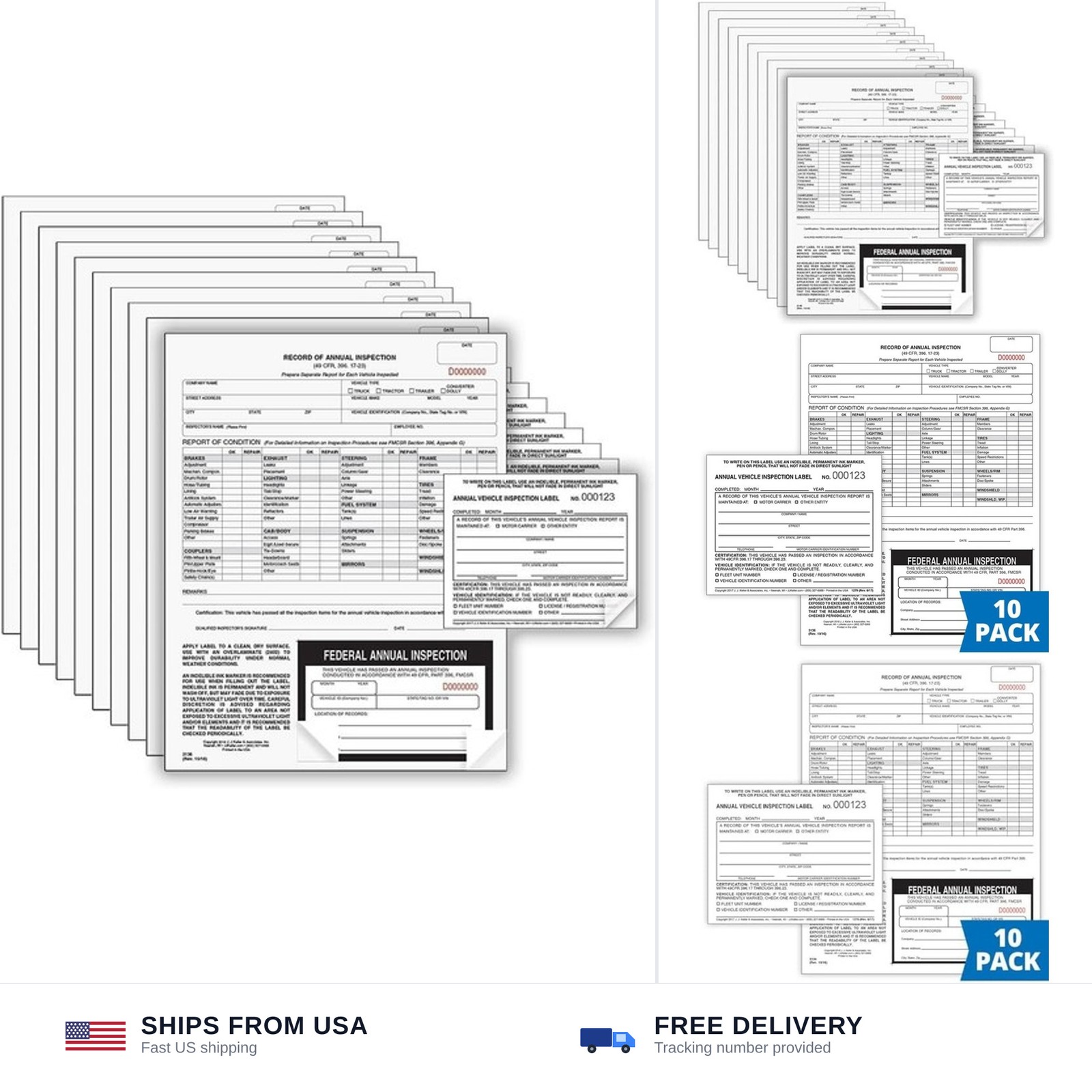 J. J. Keller 10-Pack, Record of Annual Inspection Form with Inspection Label …