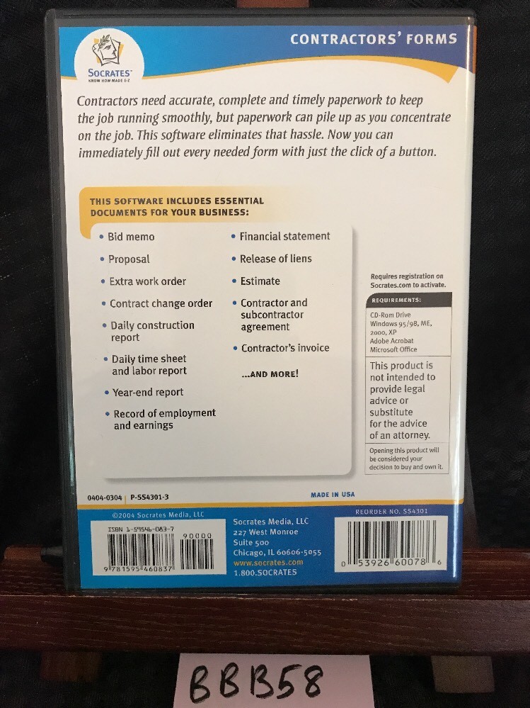 Adams (Socrates) Contractor’s Forms on CD (SS4301) EUC! Free Shipping! BBB58