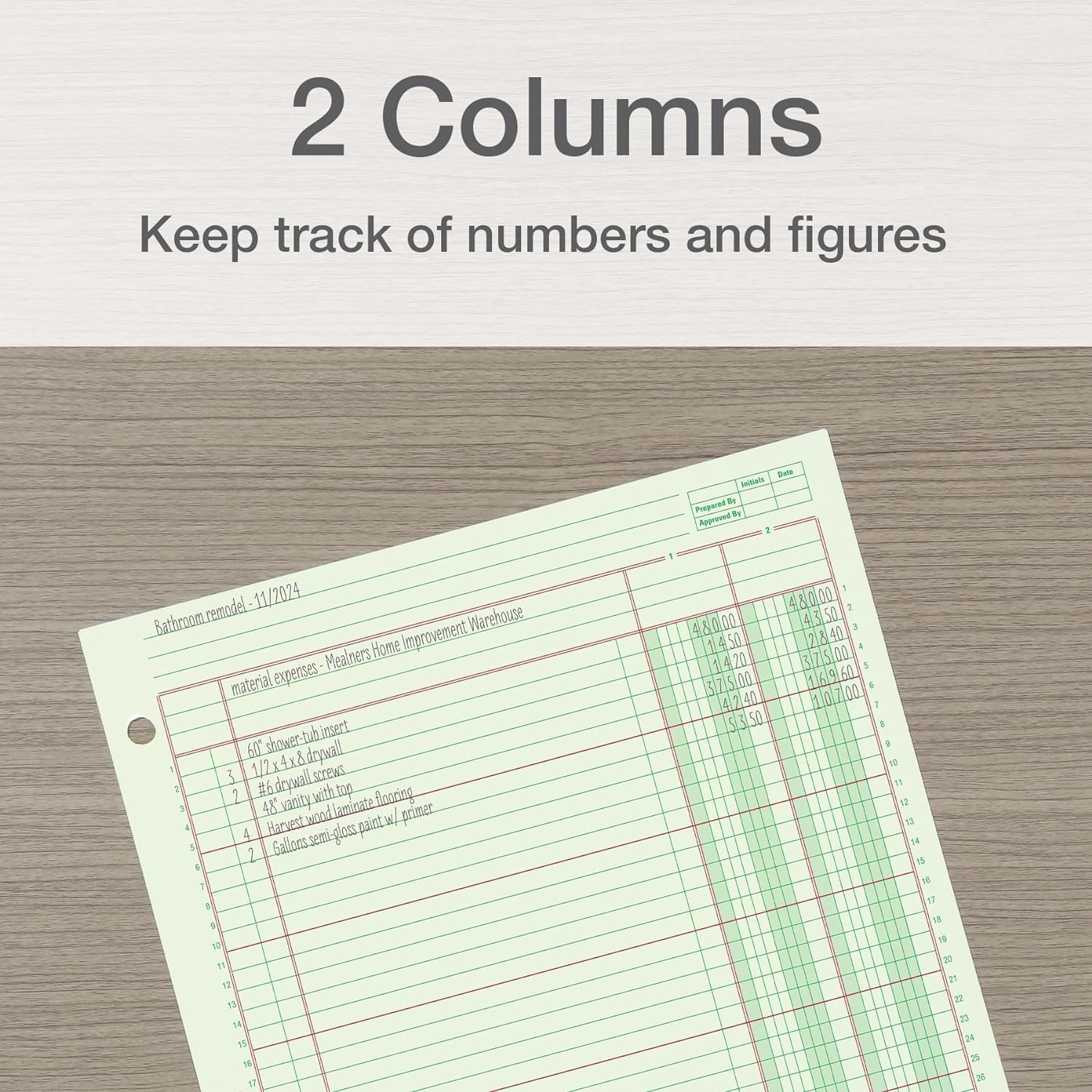 Columnar Analysis Pad, 2 Column Ledger, 8.5″ x 11″, 100 Pages (50 Sheets), Green