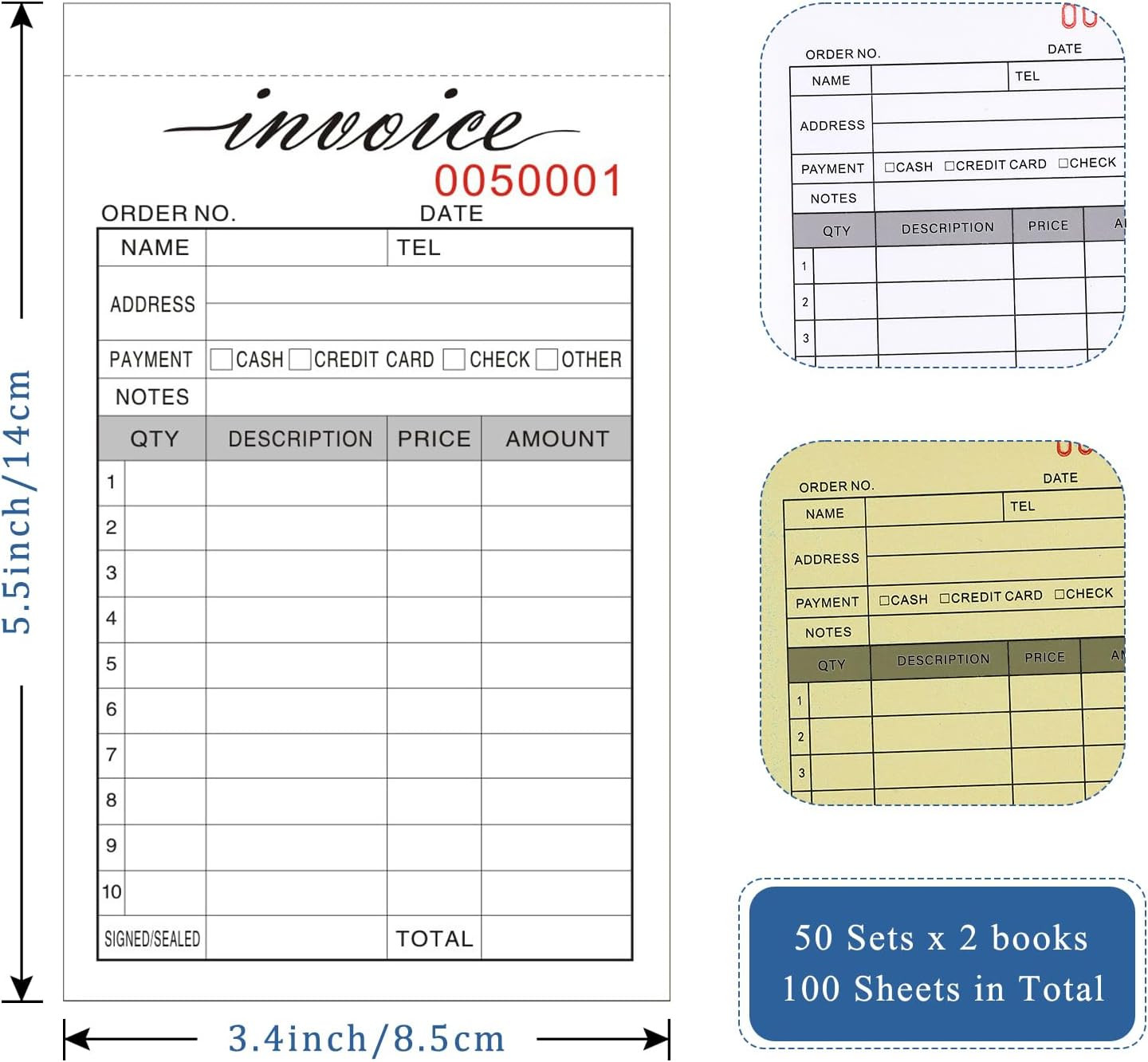 Invoice Receipt Book, 3.4X5.5″ Handheld 2-Part Carbonless Sales Invoice Book, In