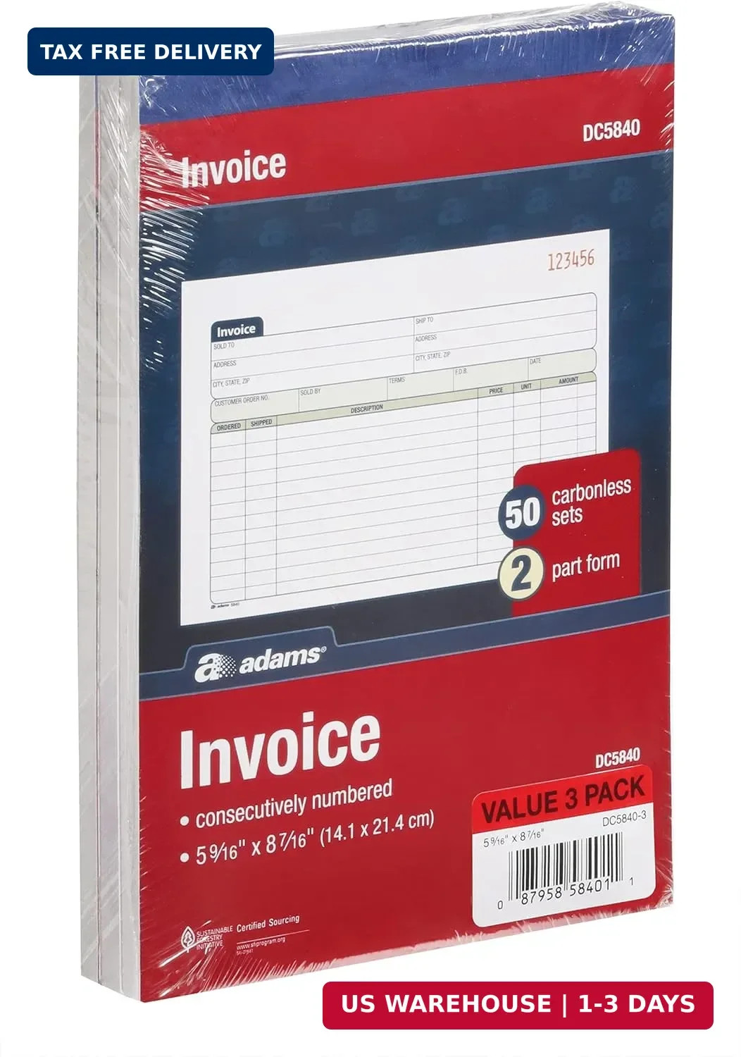 Invoice Book 3 Pack, 2 Part Carbonless Invoices, Horizontal Sales Slip, 5-9/1…