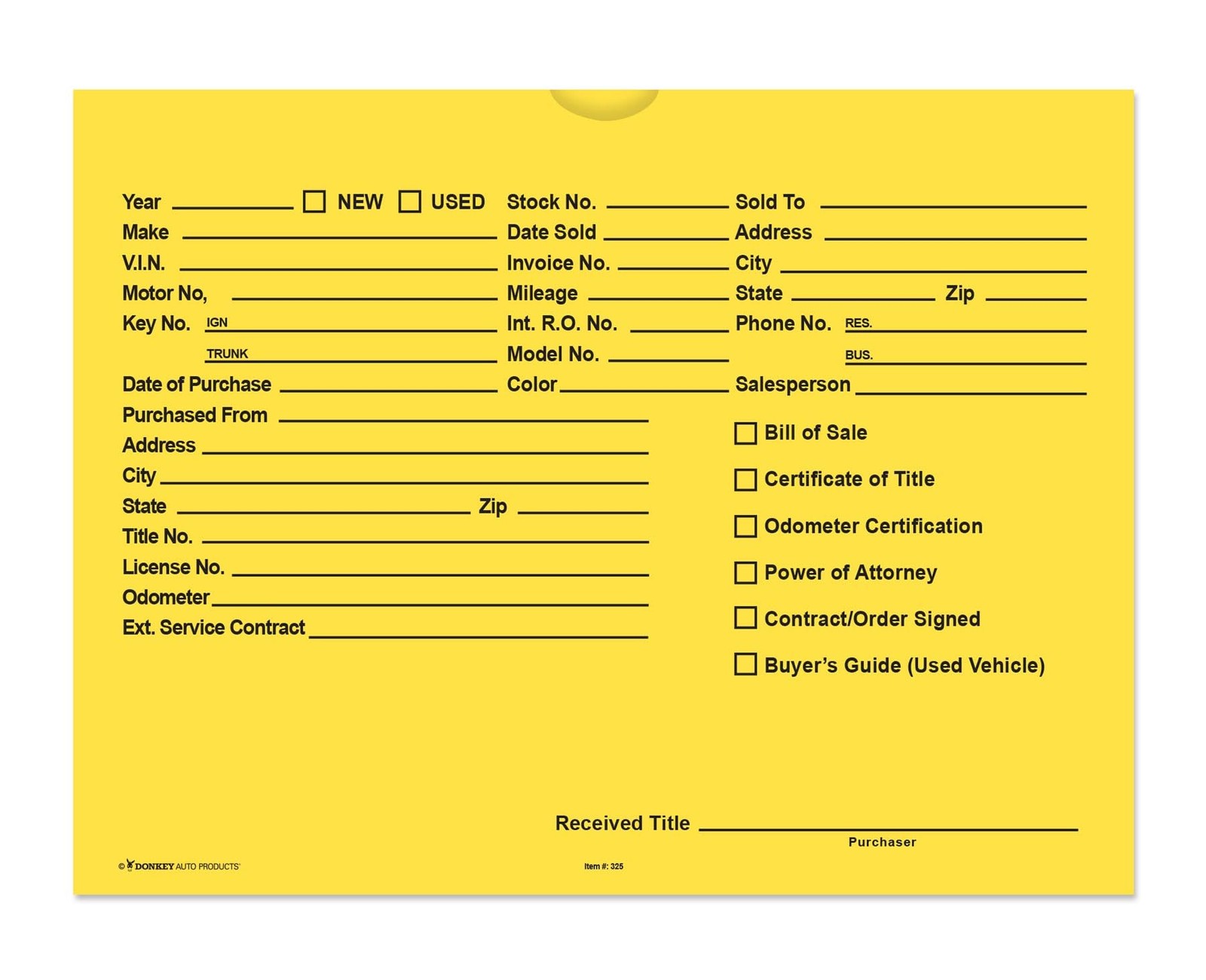Printed Vehicle Deal Envelopes 9×12 Jackets (100 shrink One Size, Yellow