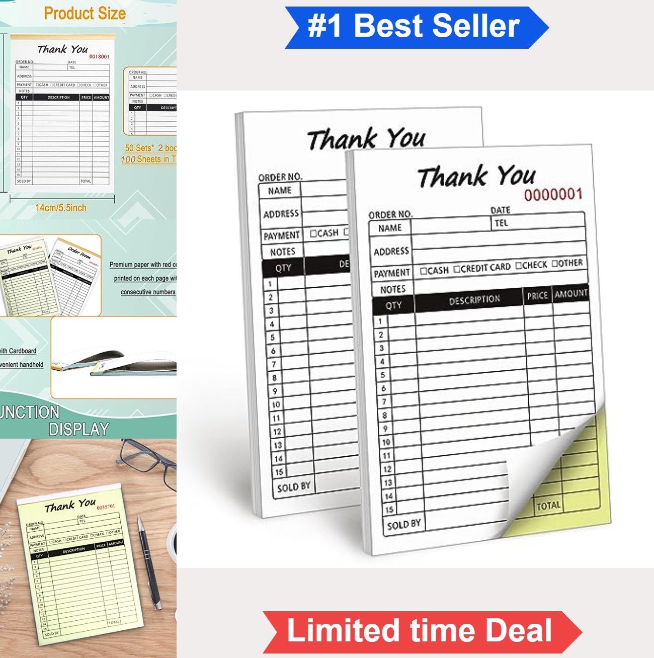 Receipt Book 2 Part Carbonless 8.5 x 5.5 Inch White Yellow Set 100 Sets For