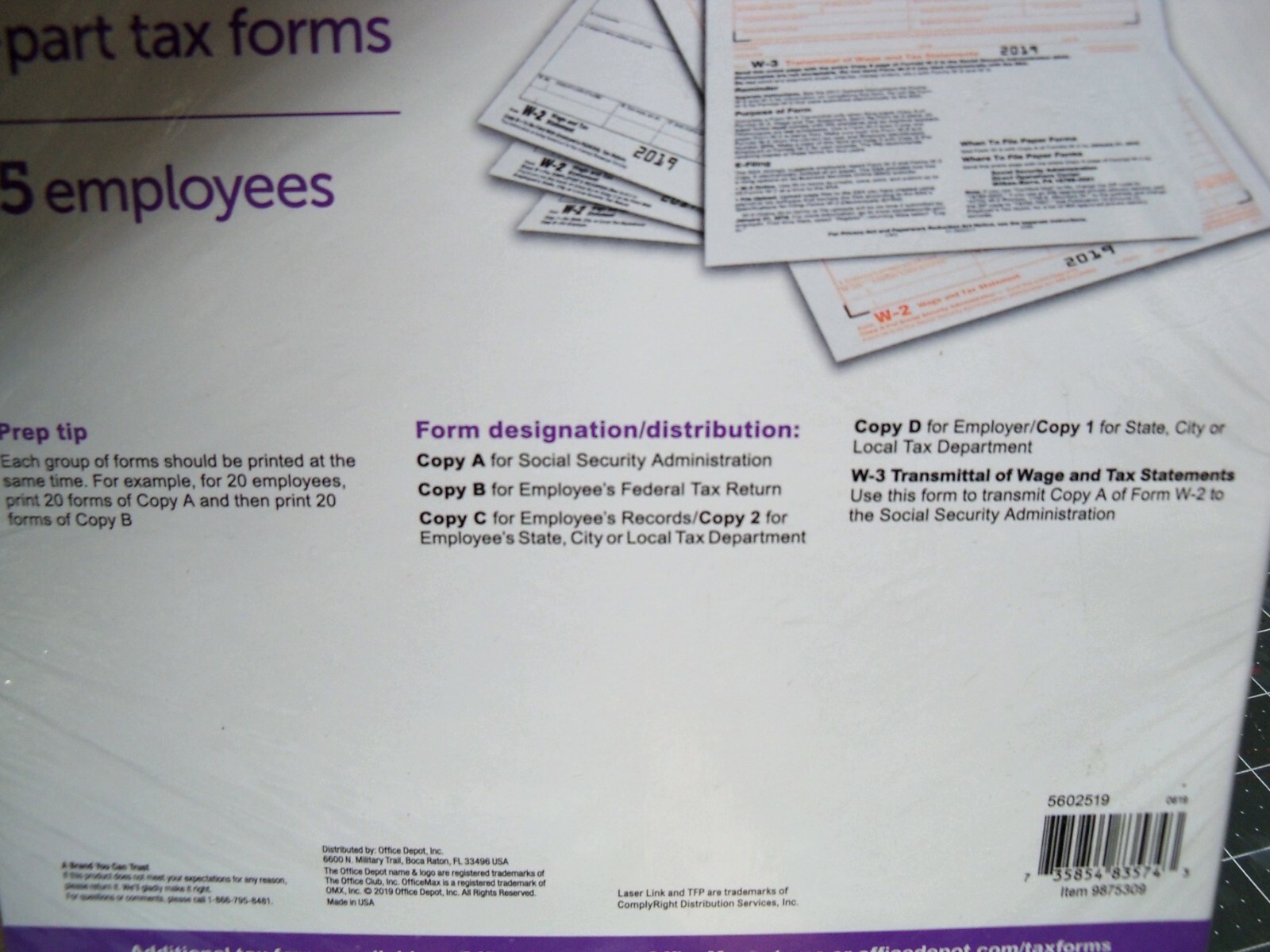 Office Depot W-2 Inkjet/Laser Tax Forms 2019 Tax Year 6-Part, 25-PK Staples W2