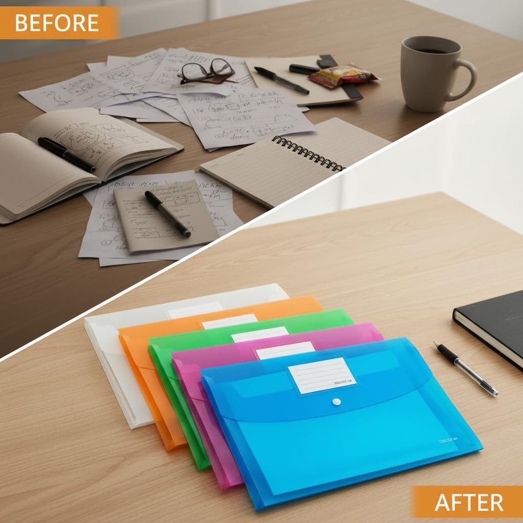 20 Pack Plastic Envelopes with Snap A4/US Letter Size, Assorted Colors