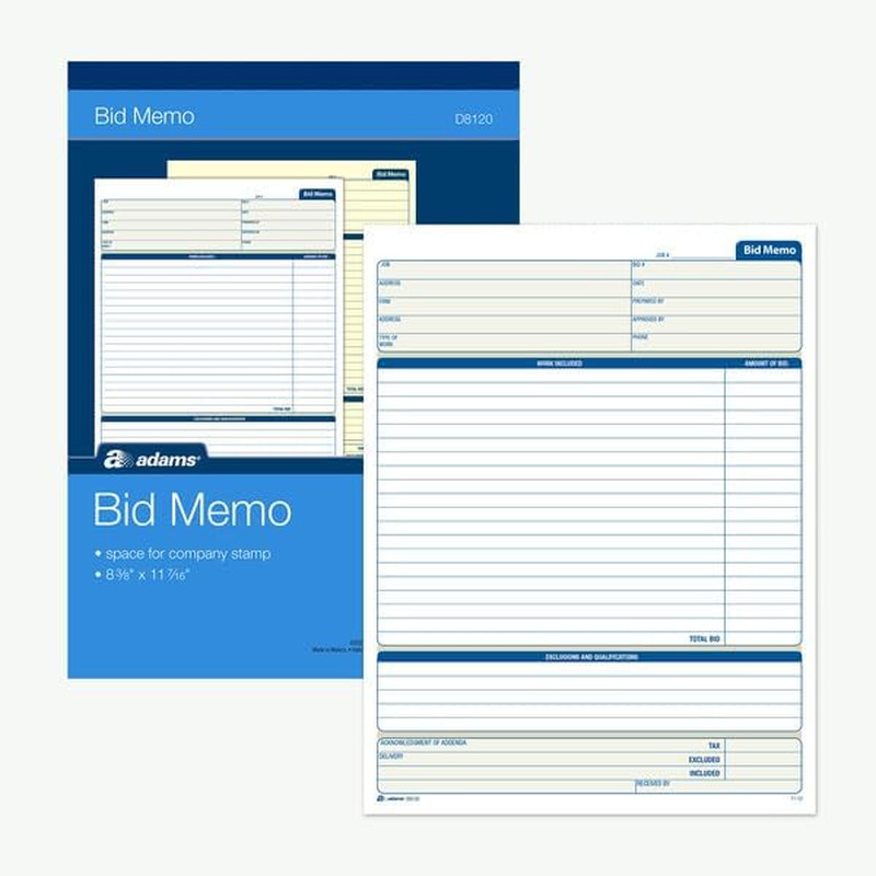 Adams Bid Memos Business Proposal Forms Estimate Sheets Book D8120 25 Sets