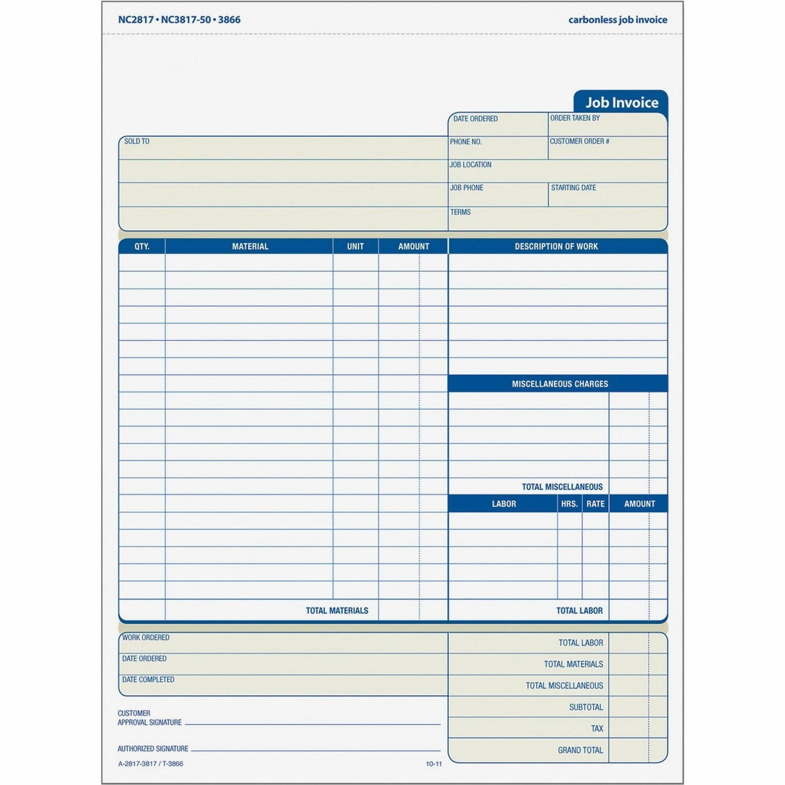 Cardinal Brands TOP3866 Job Invoice Forms 3-Part 11×8.5 Assorted