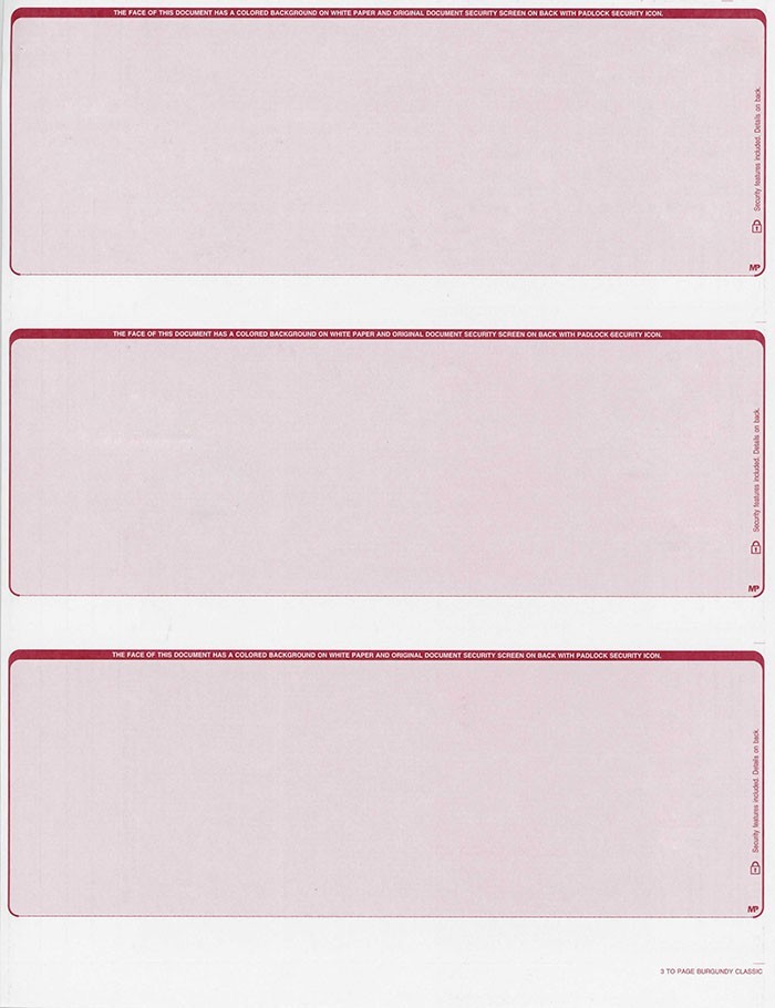 300 checks Blank Security Check Stock Paper – 3 Per Page – (Classic Burgundy)