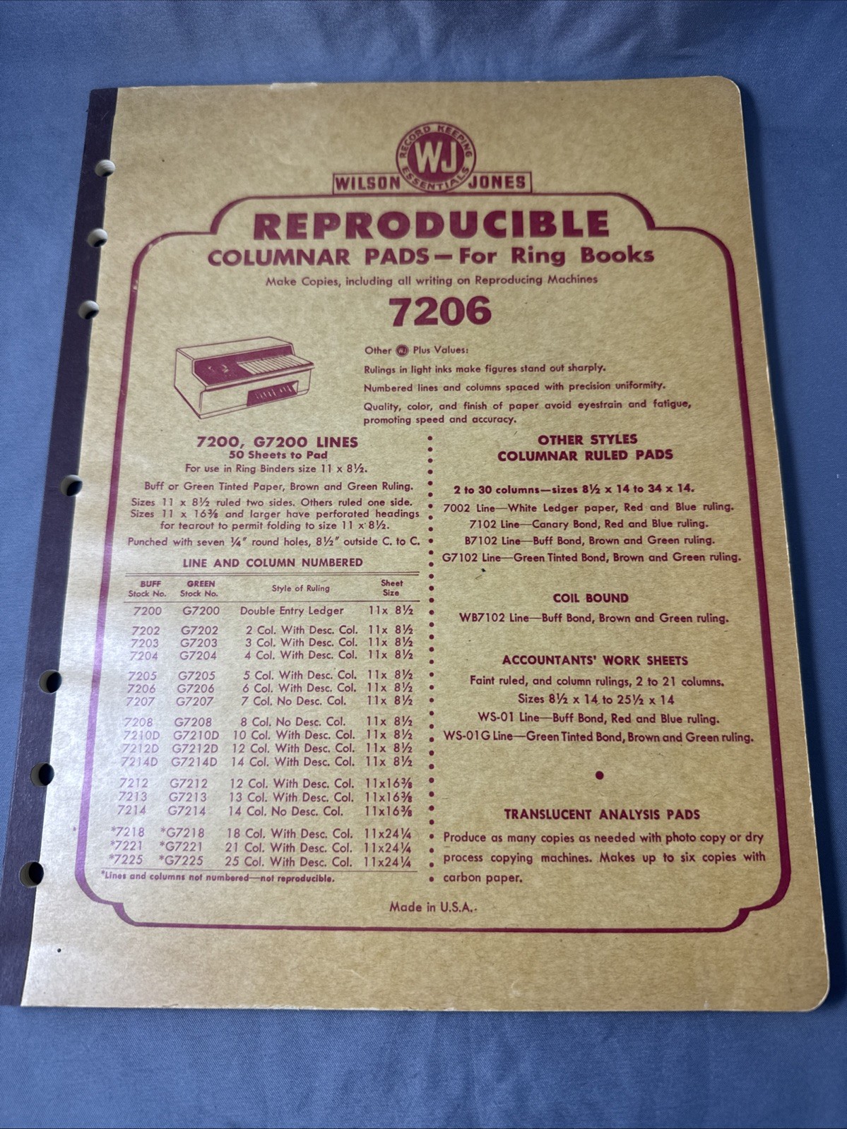 Vtg Wilson Jones Reproducible Columnar Pad For Ring Books 7206 Unused 50 Pages