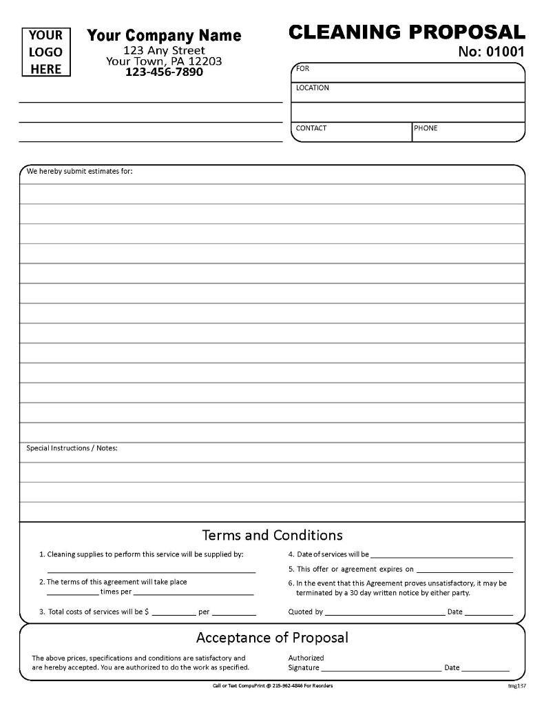 Cleaning Invoice Large Format / Customized / 8.5 x 11 / 2 or 3 Part / TMG137