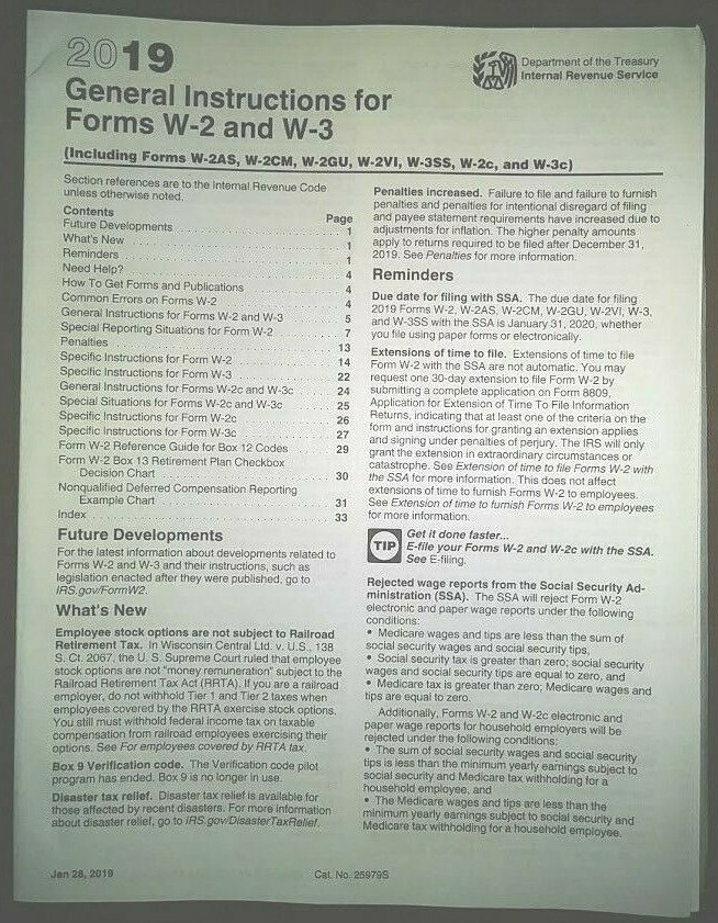 2019: 5 SHEETS W-2 IRS Wage/Tax Statement & 3= W-3 Transmittal Forms