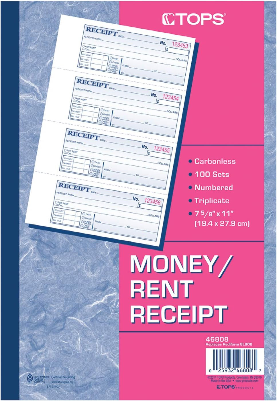 TOPS Money/Rent Receipt Book, 3-Part, Carbonless, 11 x 7-5/8 Inches, 4 Receipts/