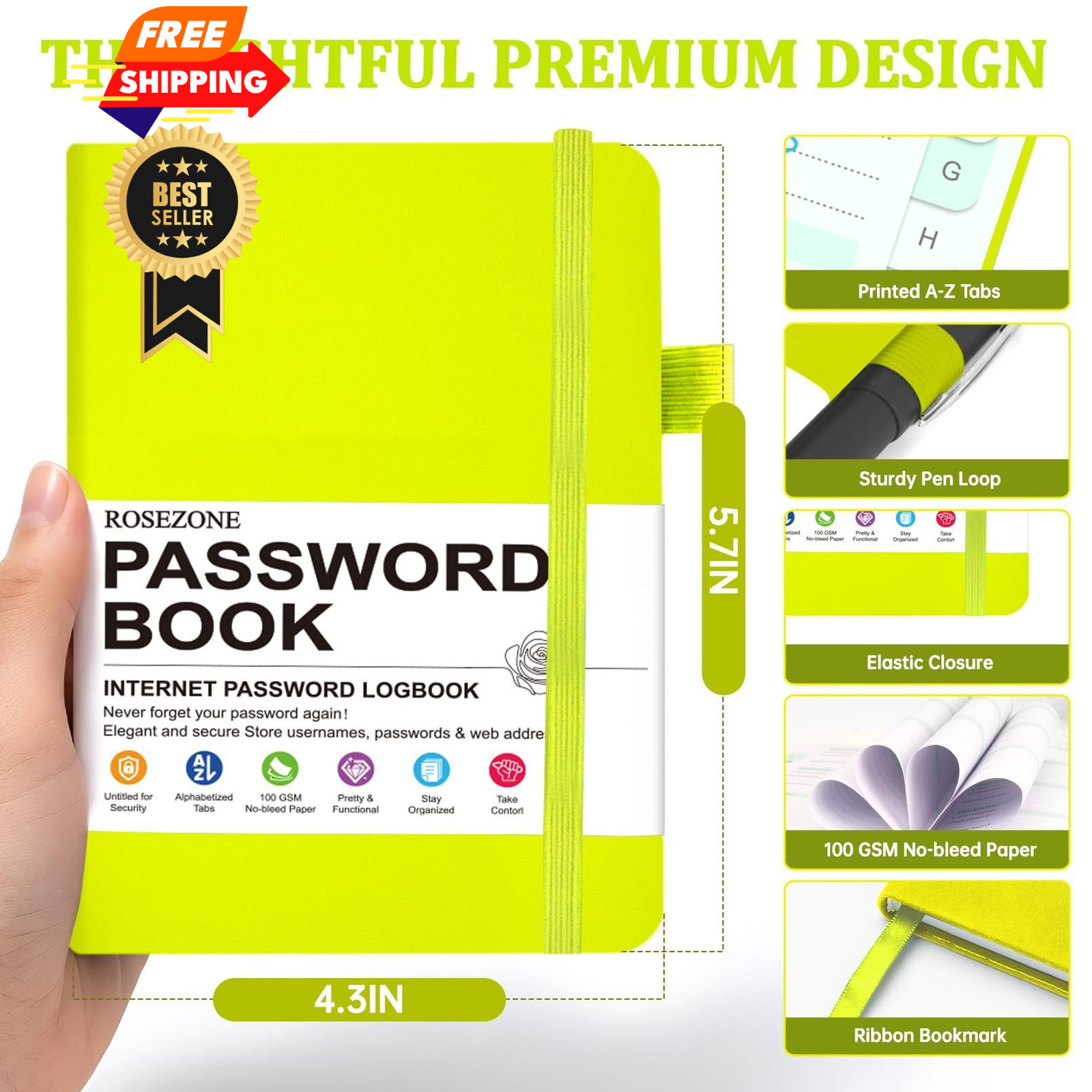 Password Book with Alphabetical tabs. No Inner Pocket, Fluorescent Green