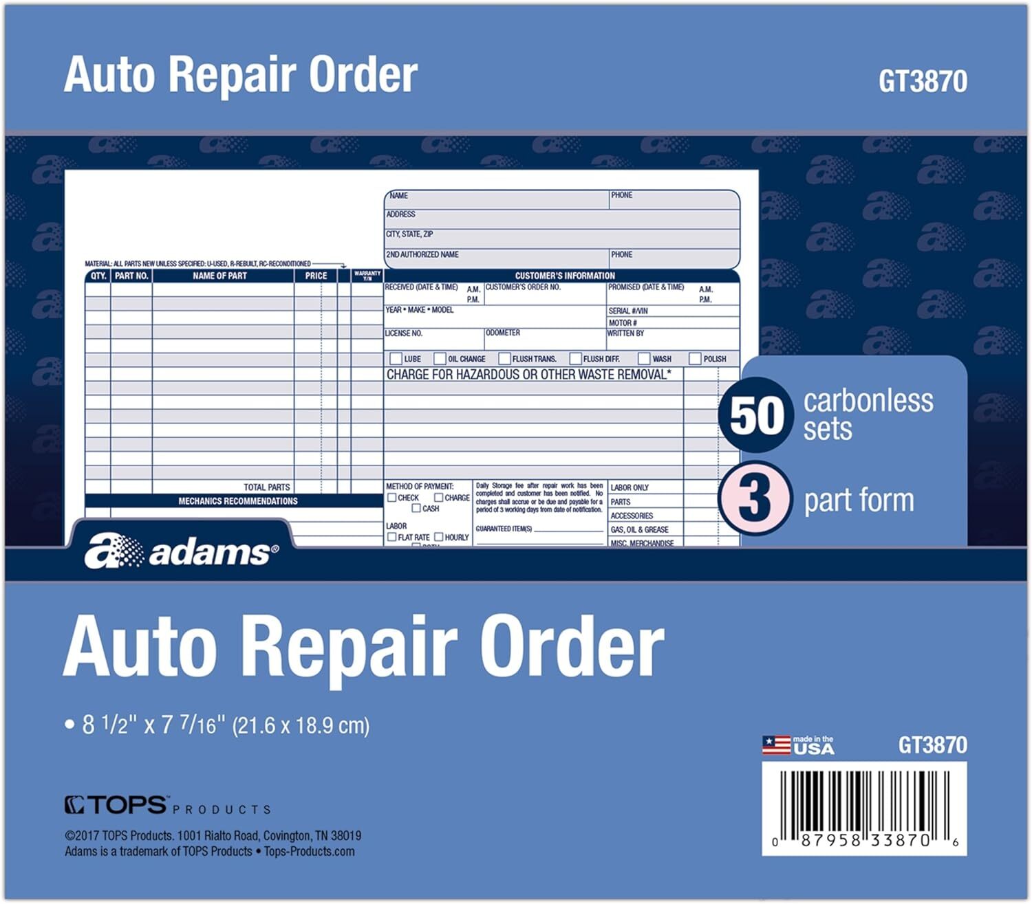 Adams 50 Pack Auto Repair Order Forms Carbonless 3 Part White Canary 8X7 In