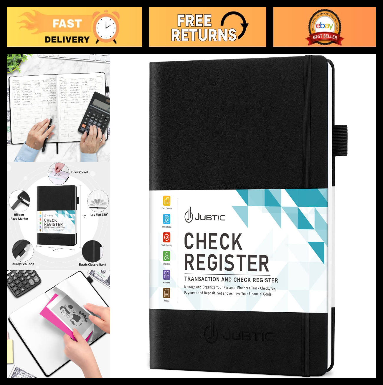 Large Hardcover Check Register Book 7.5×10″ – Track Income & Expenses, Accountin