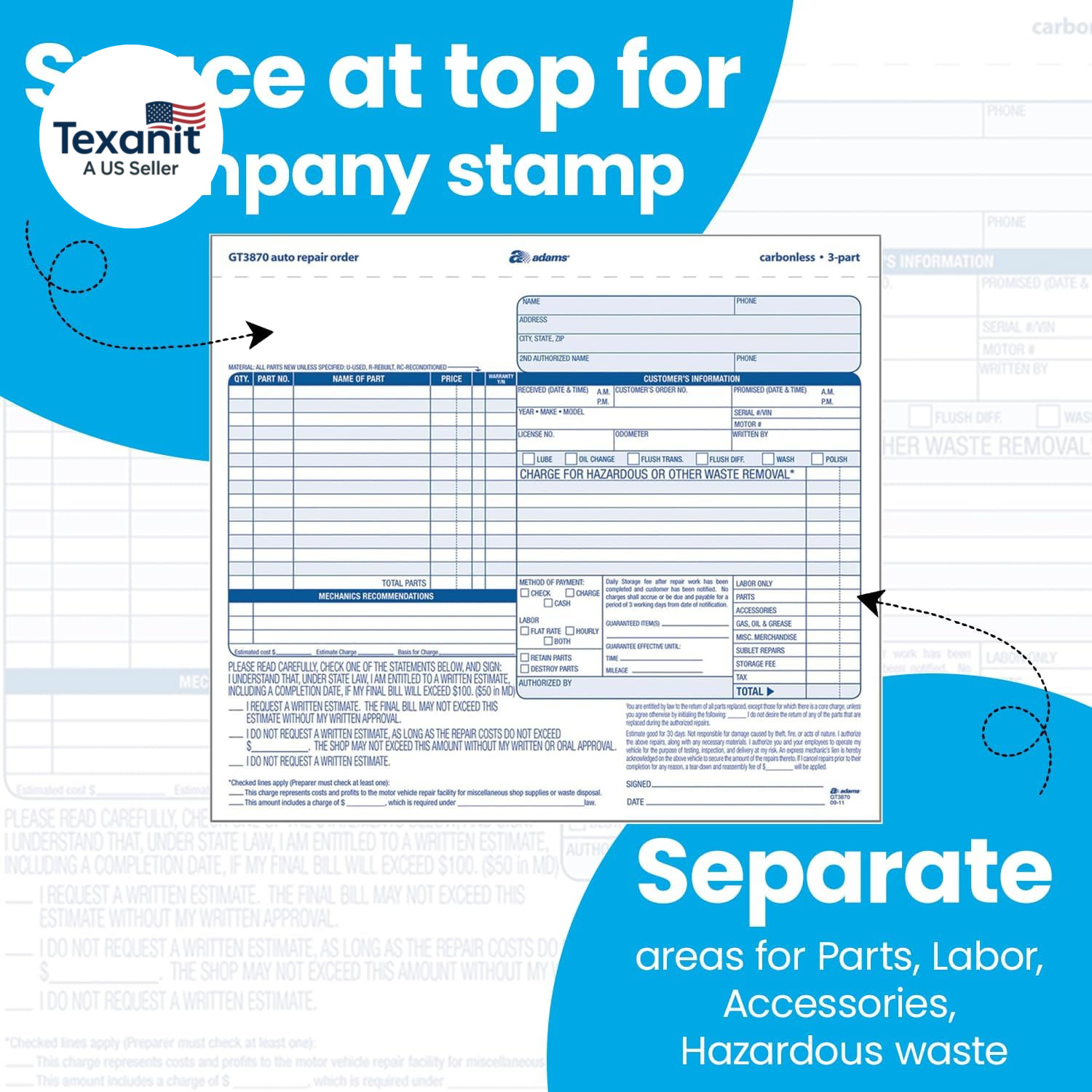 Auto Repair Order Forms, 8.5 X 7.44 Inch, 3-Part, Carbonless, 50-Pack, White and