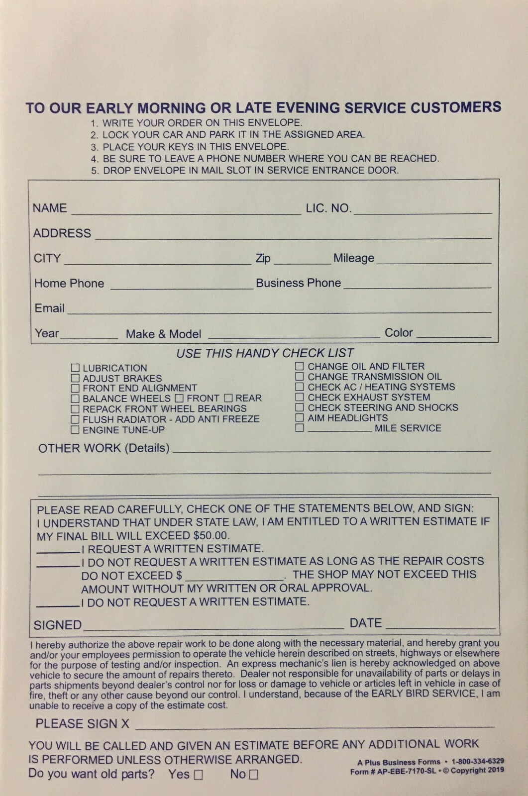 Drop Off Envelope for Auto Service 6 x 9 – 500 Qty. EBE-7170-SL (R42)