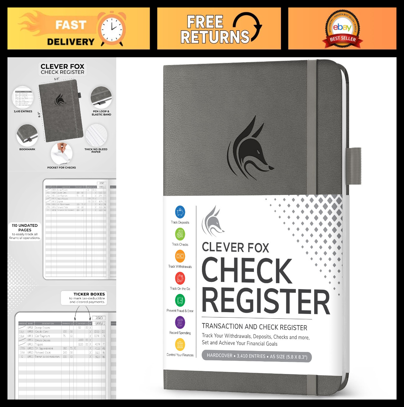 Deluxe Check Register Book – A5 Accounting Ledger & Transaction Log for Personal