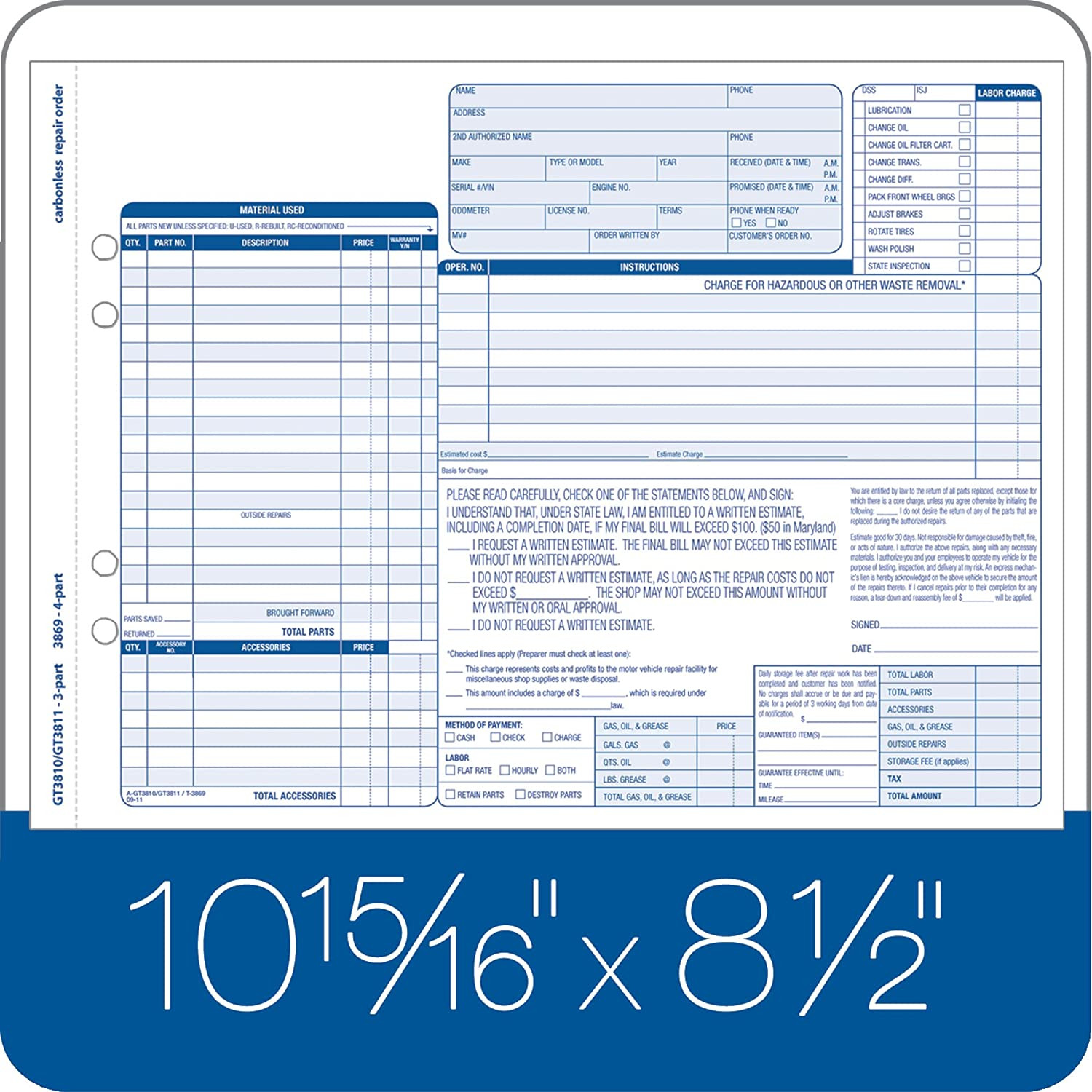 Garage Repair Order Forms, 8.5 X 11 Inch, 3 Part, 250Count, Canary and White Tag