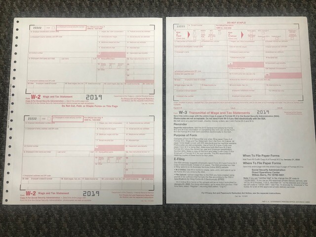 (6) 2019 IRS TAX FORMS W-2 (6 Recipients) + 1 FORM W-3