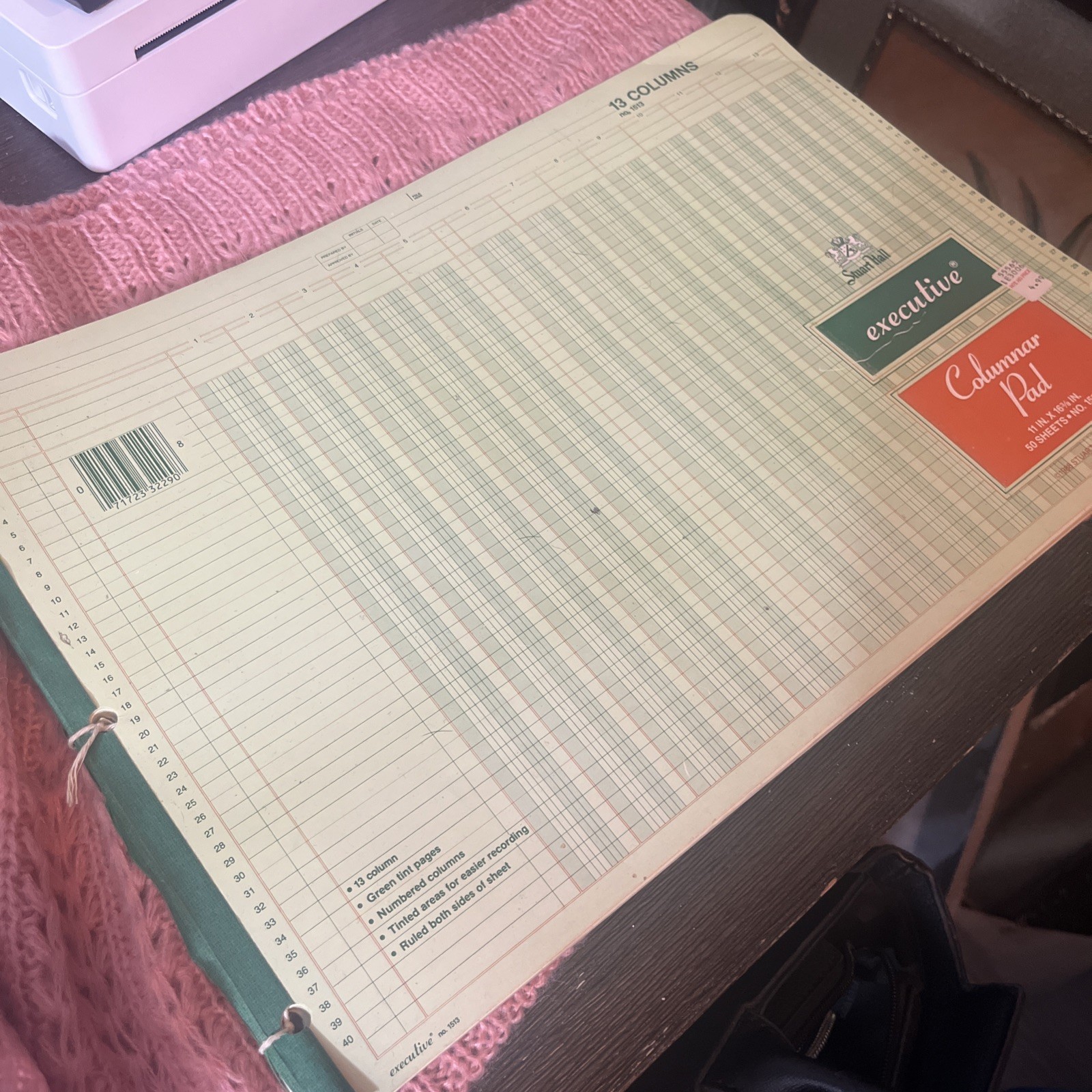 Columnar Pad 13 Columns, 11 x 16.375″ 50-Sheets, Green Stuart Hall #1513 3 Hole