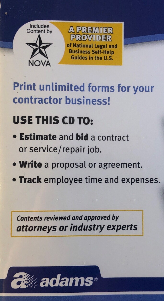 SHIP24H-Adams SS4301 Contractor Forms on CD Windows & Macintosh PDF & Excel-NEW
