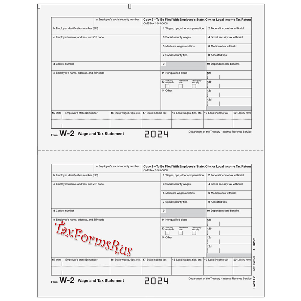 2024 IRS Tax Form W-2 Wage Stmts LASER single sheet set for 2 employees, 6-part