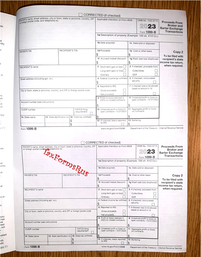 2023 IRS Tax Form 1099-B single sheet set for 2 recipients NONcarbonless 4pt 2up
