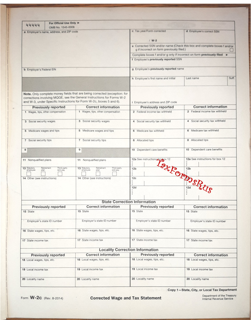 Official IRS Tax Form W-2c Corrected Wage/Tax Stmt, single sheet for 1 employee