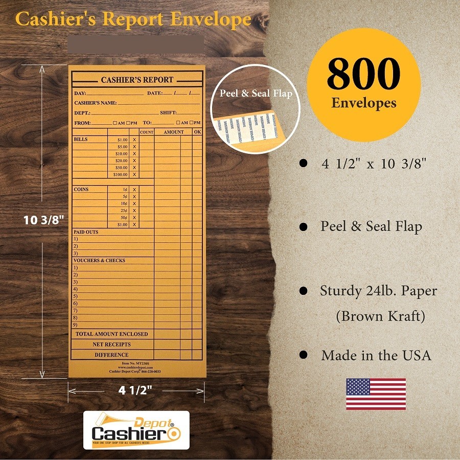 Cashier’s Report Envelope, MT230S, 4 1/2″ x 10 3/8″, Kraft 24lb, P&S 500/Box