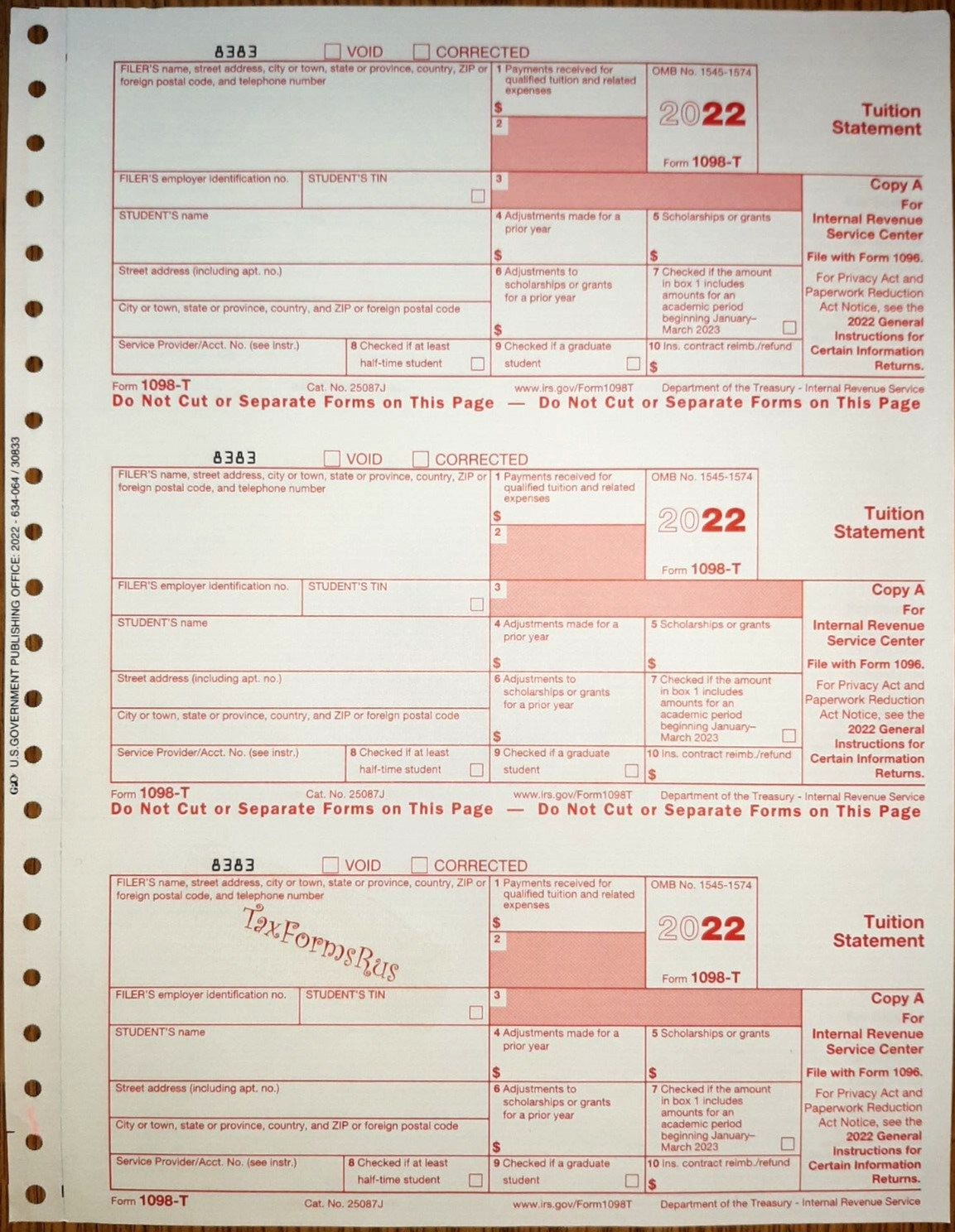 2022 IRS Tax Form 1098-T single sheet set for 3 students, carbonless 3-part, 3up