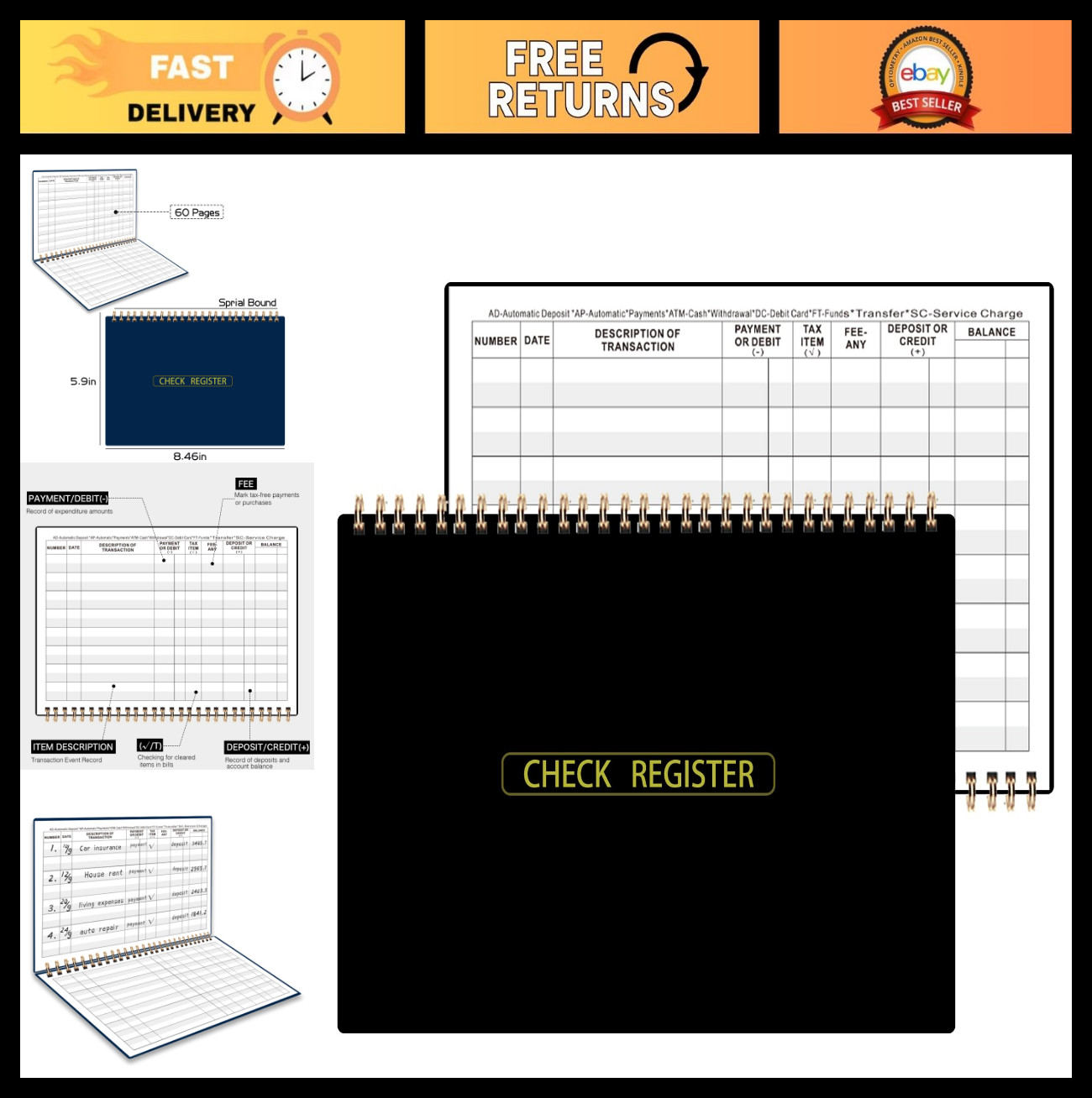 Large Print Checkbook Register – 60 Pages, Easy-to-Read, Spiral Bound, 5-7/8″ x