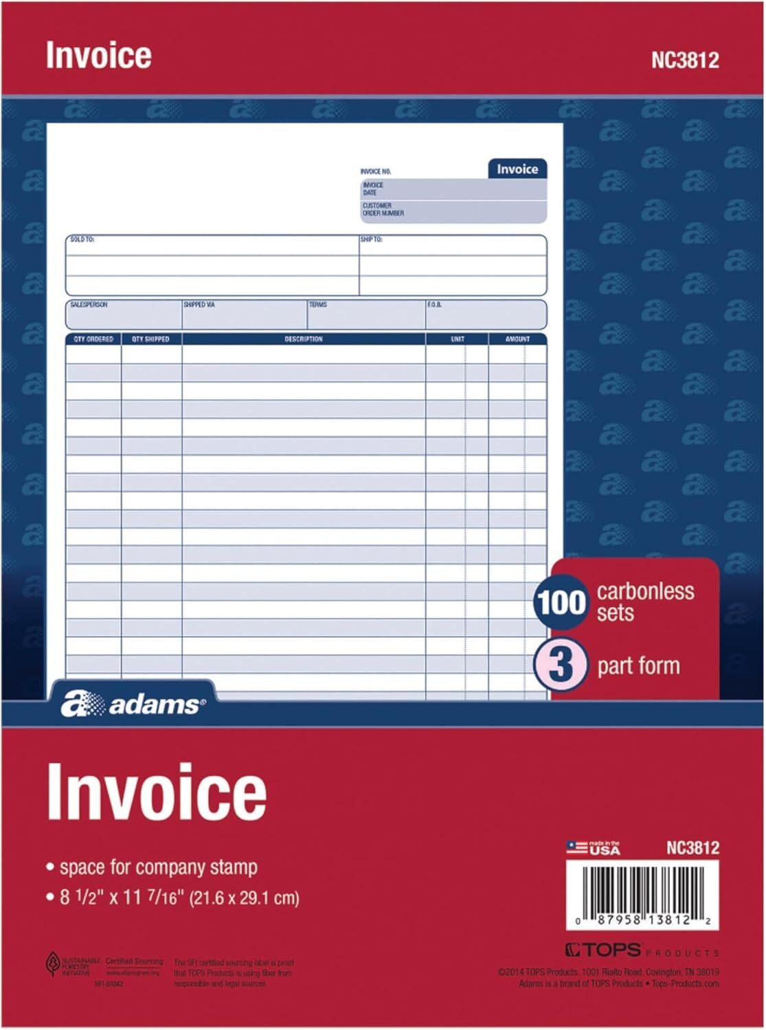 Adams 3 Part Carbonless Invoice Forms White Canary Pink 100 Pack 8.5 X 11