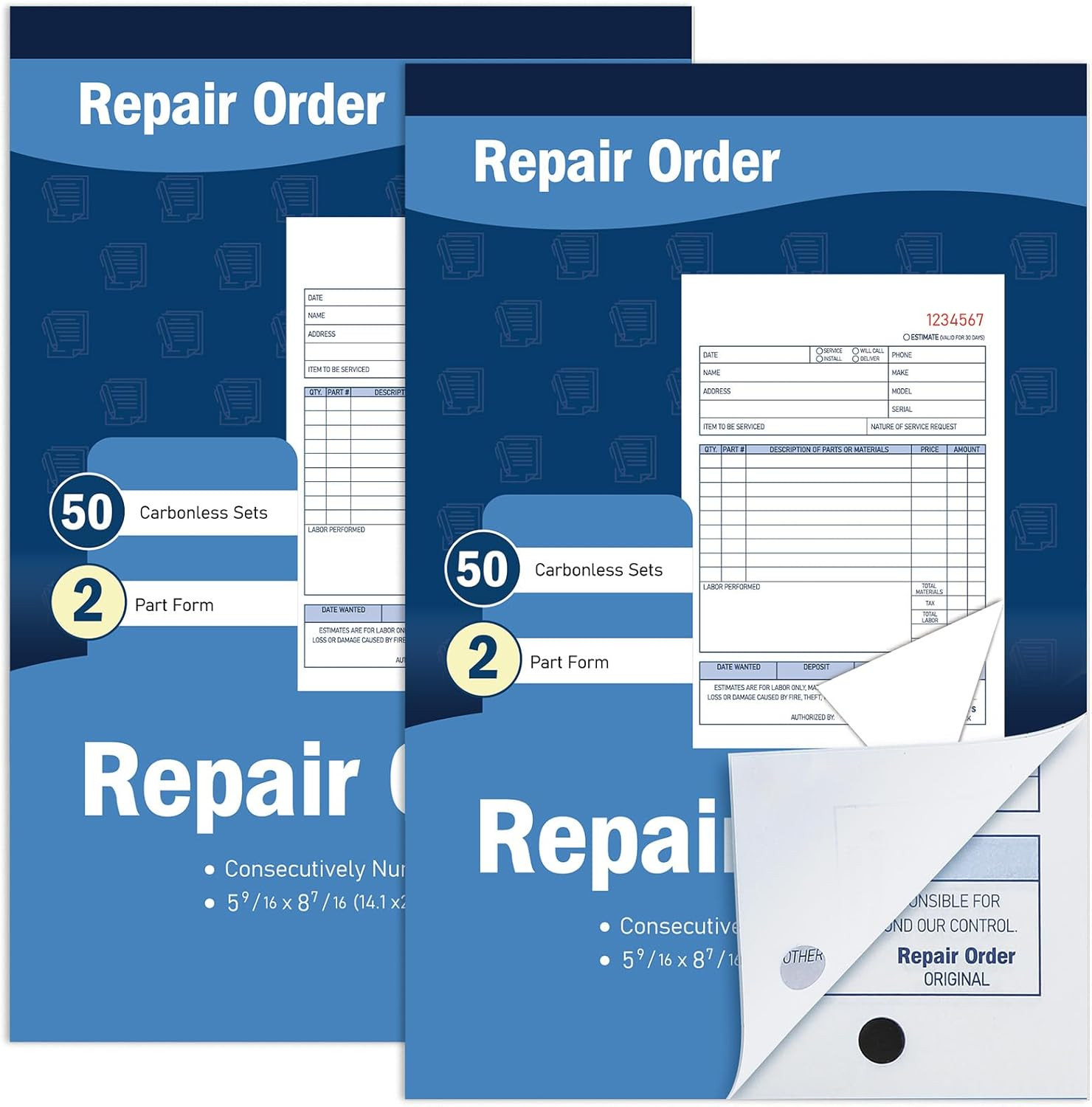 2 Pad Repair Order Book 2 Part Carbonless Receipt Books Consecutively Numbered w