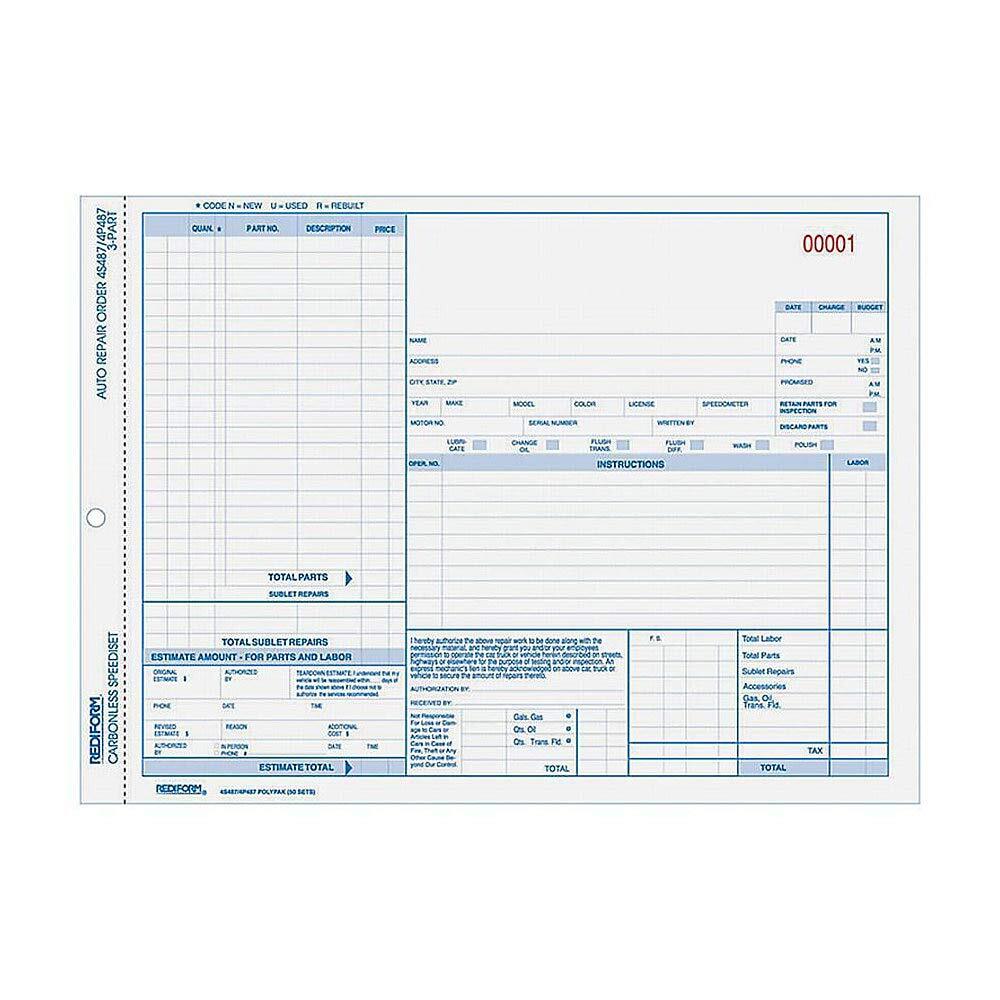 Auto Repair Polypack Carbonless 3 Part 8.5 x 11 inches 50 Forms 4P487 White/…