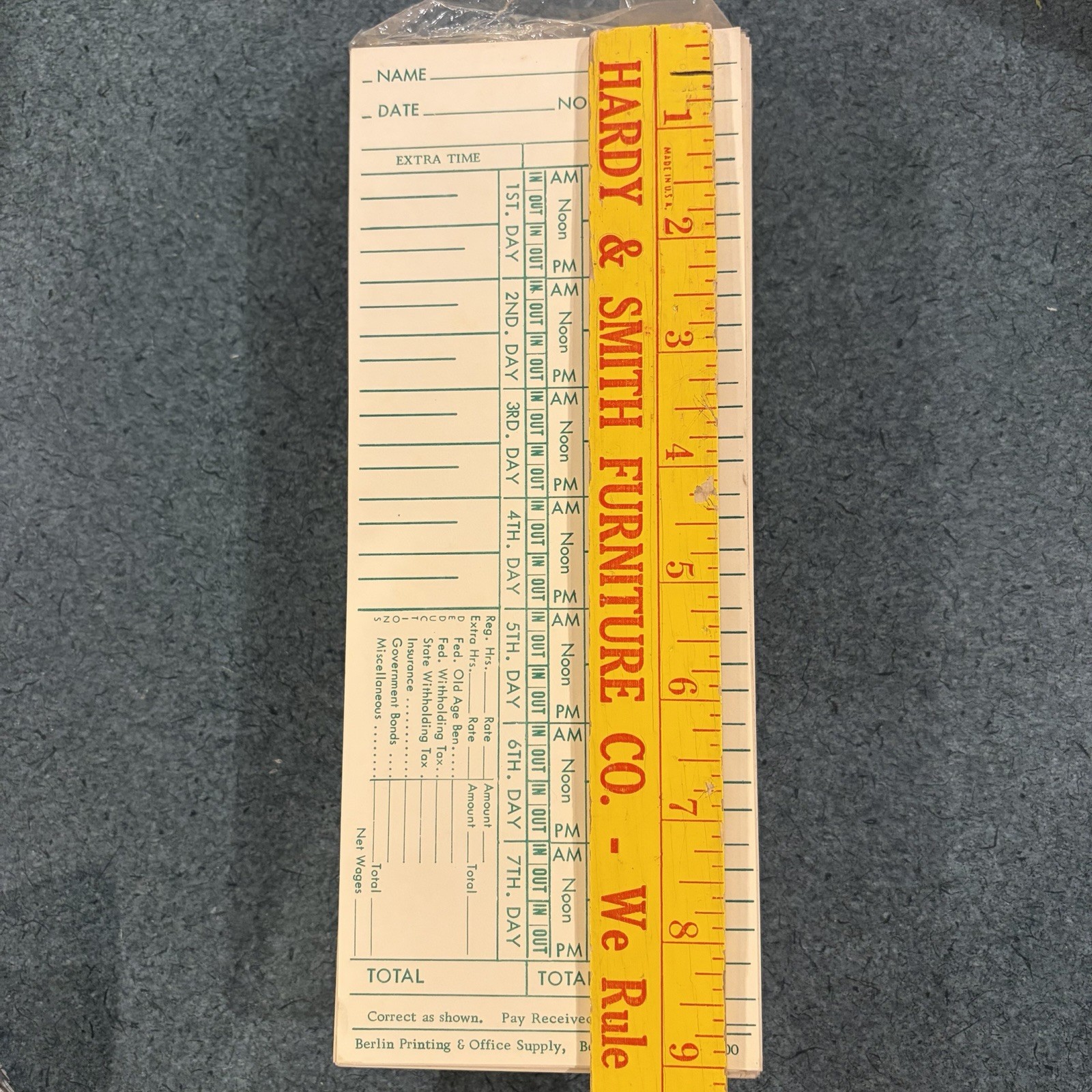 50 Vintage Time Cards Measure 9 1/8” X 3.5” Manilla Yellow With Green Print Lot