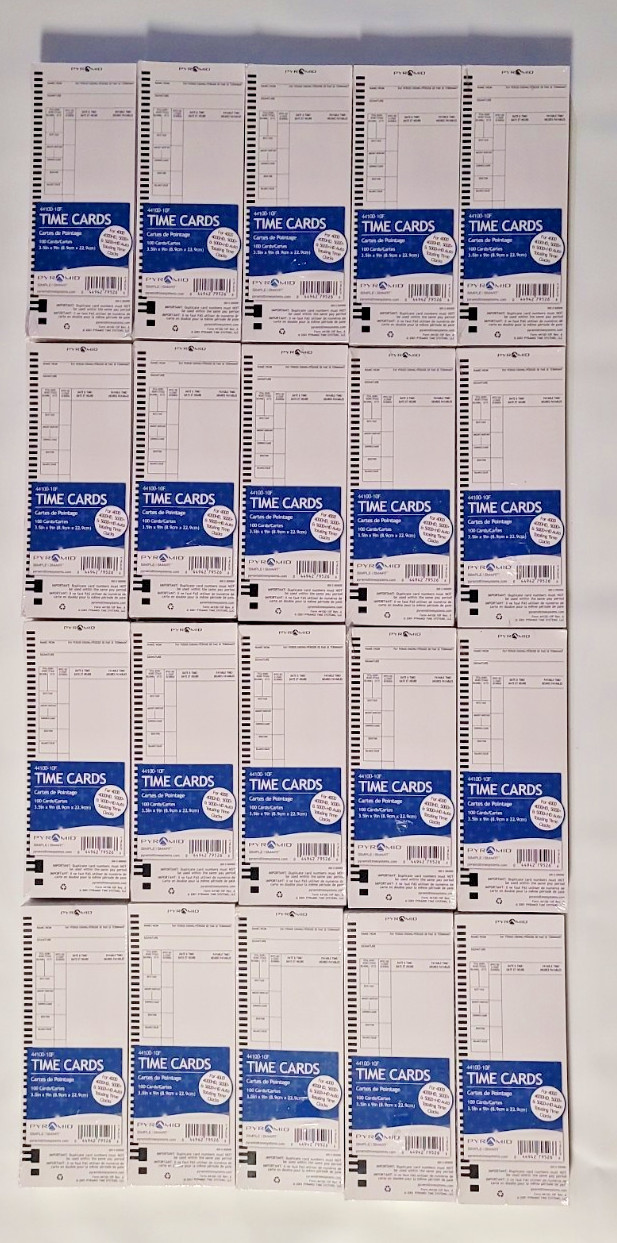 20 Packs of 100 Pyramid Systems Time Cards for 4000, 4000HD, 5000+, 5000+HD
