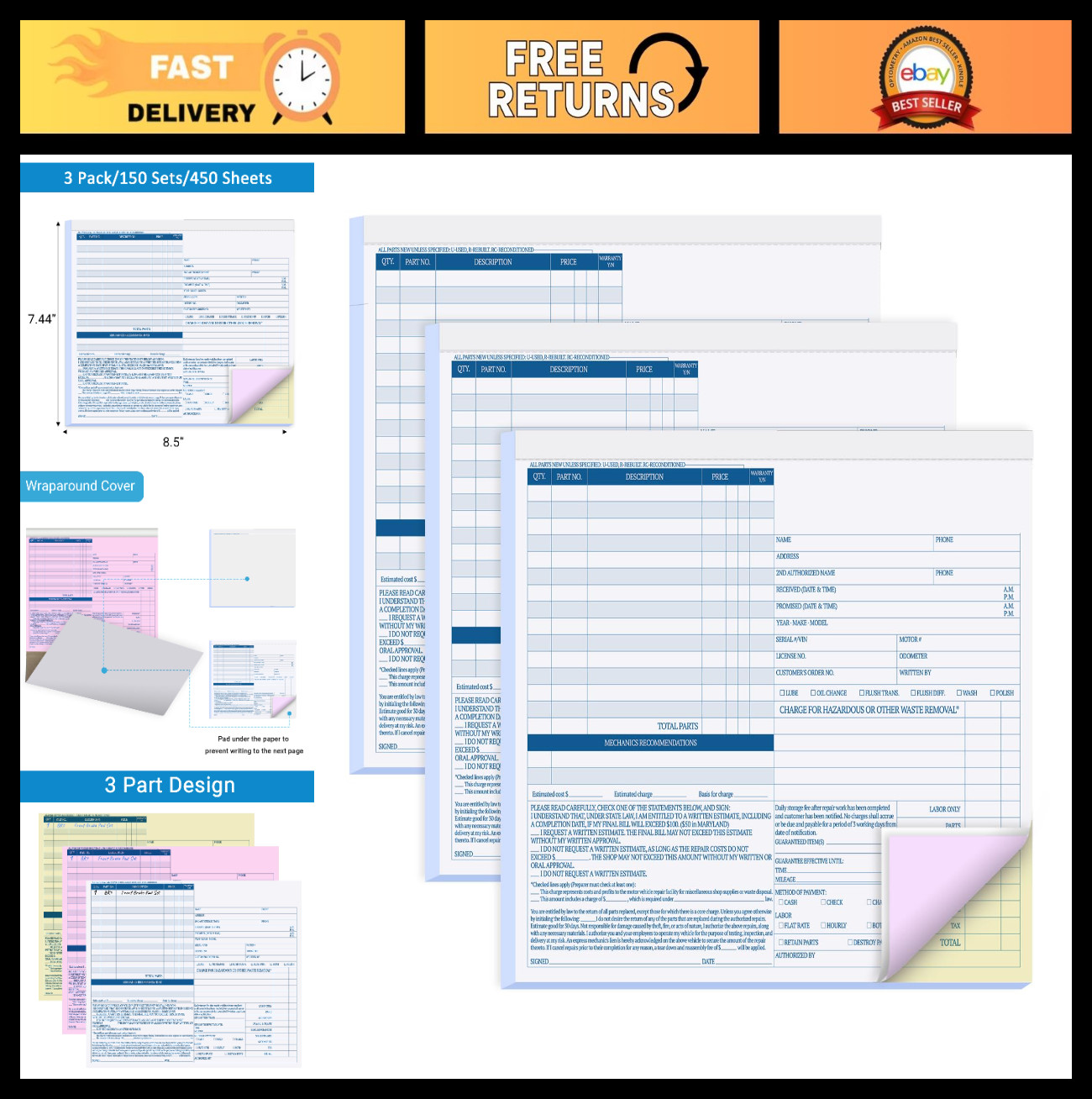 150 Sets Carbonless Auto Repair Invoice Book, 3-Part Mechanic Order Forms 8.5×7.