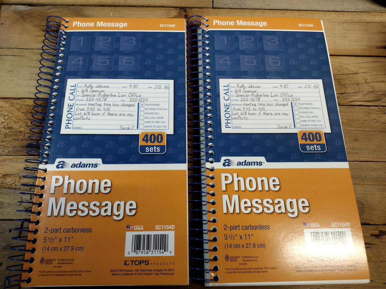 2 pack Adams Wirebound Telephone Message Book, 5-1/4 x 11, 2-Part Carbonless USA
