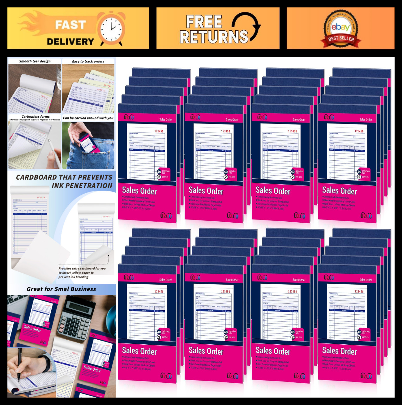 40 Pack Carbonless Sales Order Book, 2-Part Receipt Forms, 4×7 for Small Busines