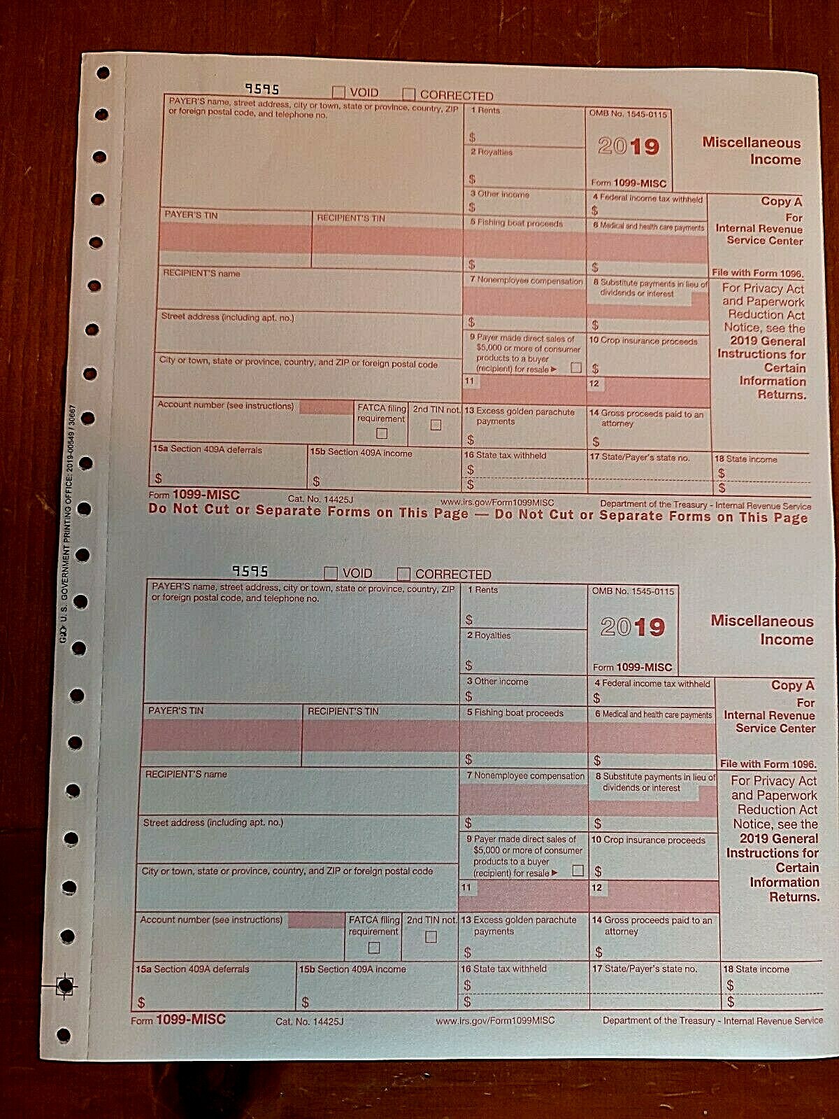 2019 IRS 1099-MISC Forms (for 2 recipients)-For Prior Year’s Tax Filing Season