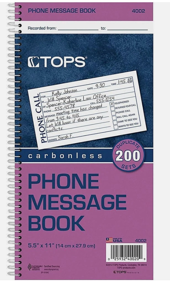 TOPS Phone Message Book Carbonless Duplicate 4 Messages per Page 200 Set per(R12