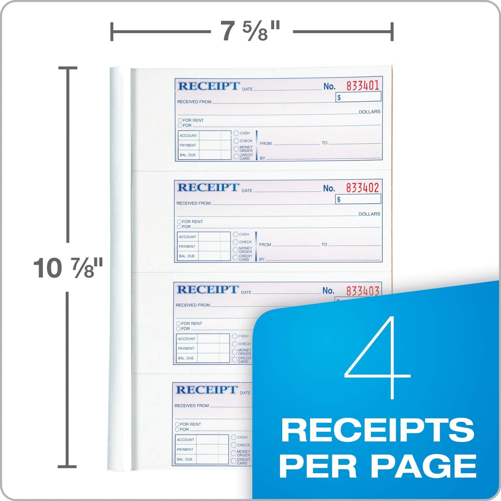 Adams Money and Rent Receipt Book, 3-Part, 11″ x 7-5/8″, White/Canary/Pink