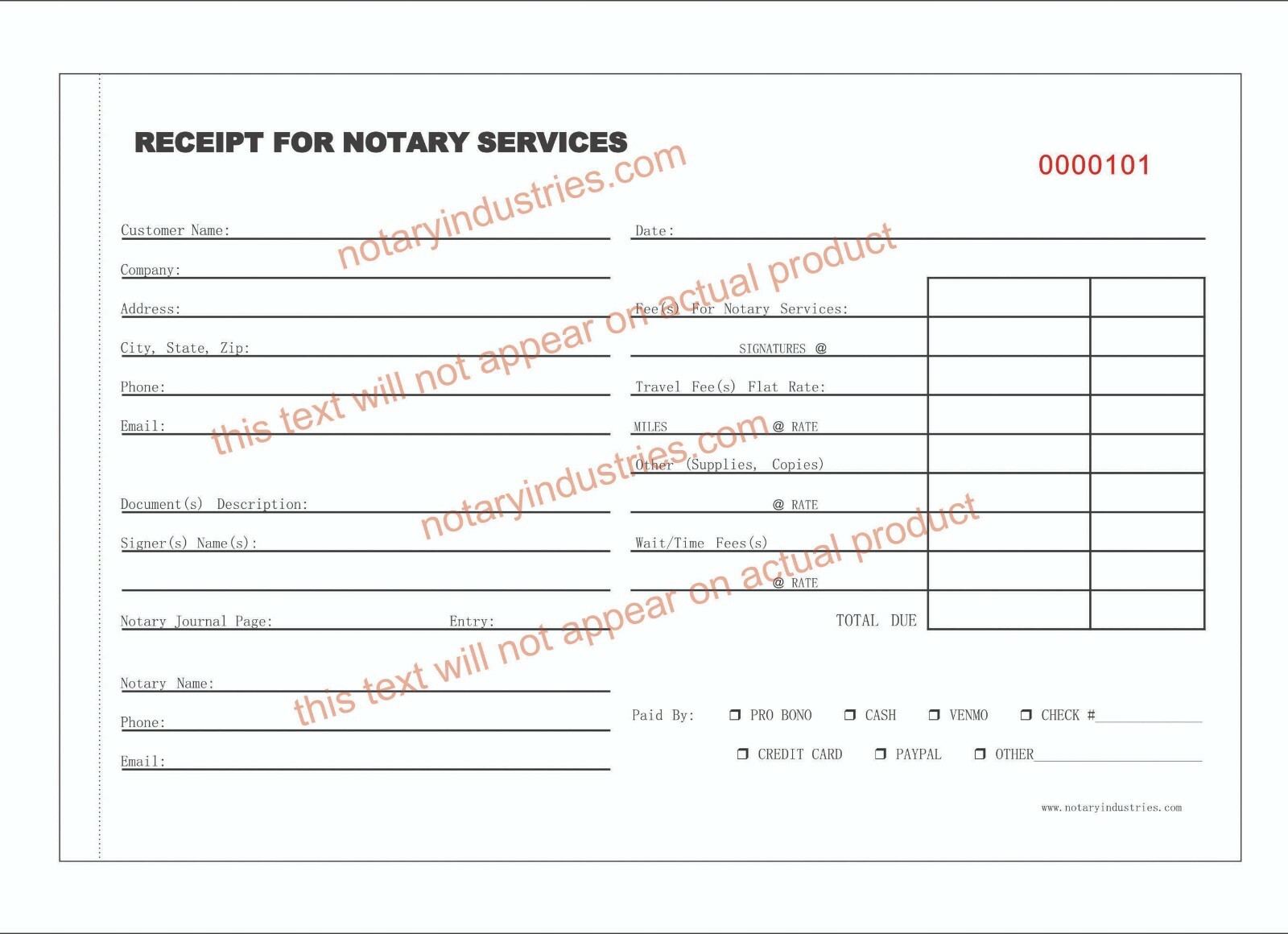 3-pack Receipt for Notary Services Book 50 x 2-ply Duplicate Pink/White Public