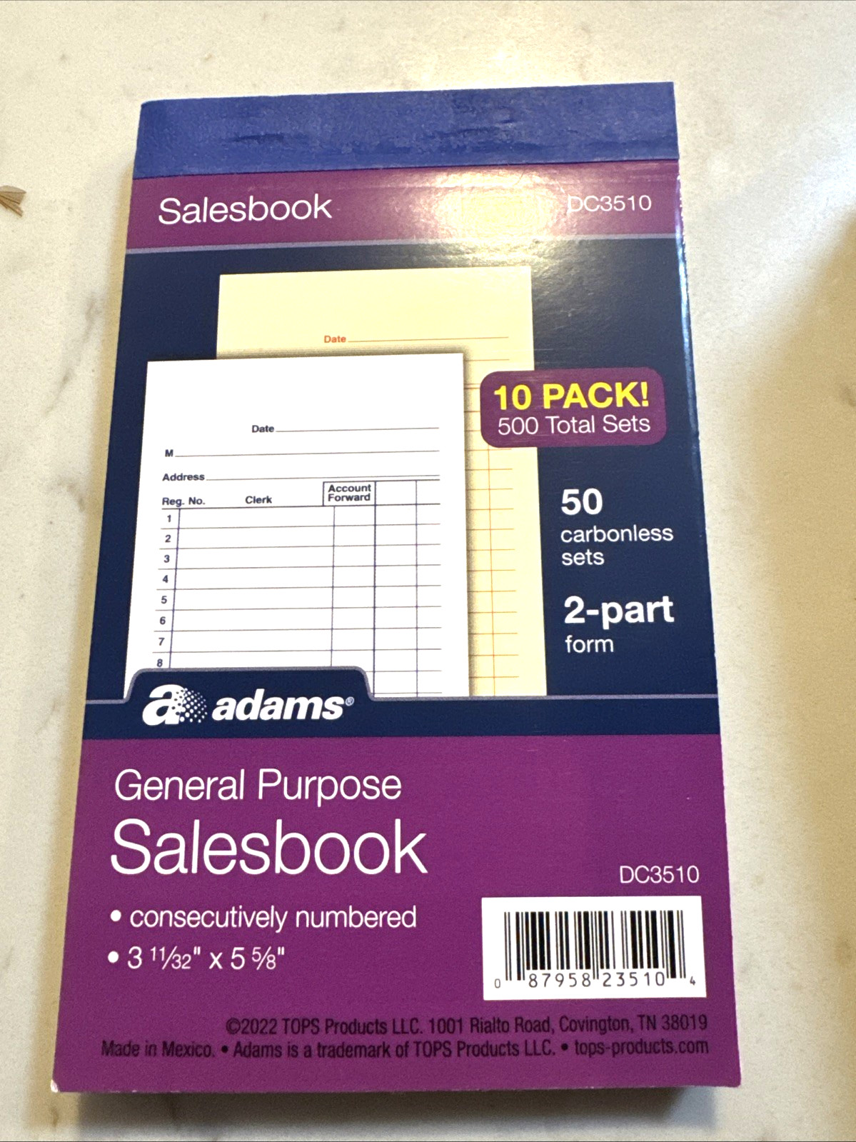 Adams General Sales Book, 2-Part, Carbonless, White/Canary, 3-11/32 x 5-(8 books