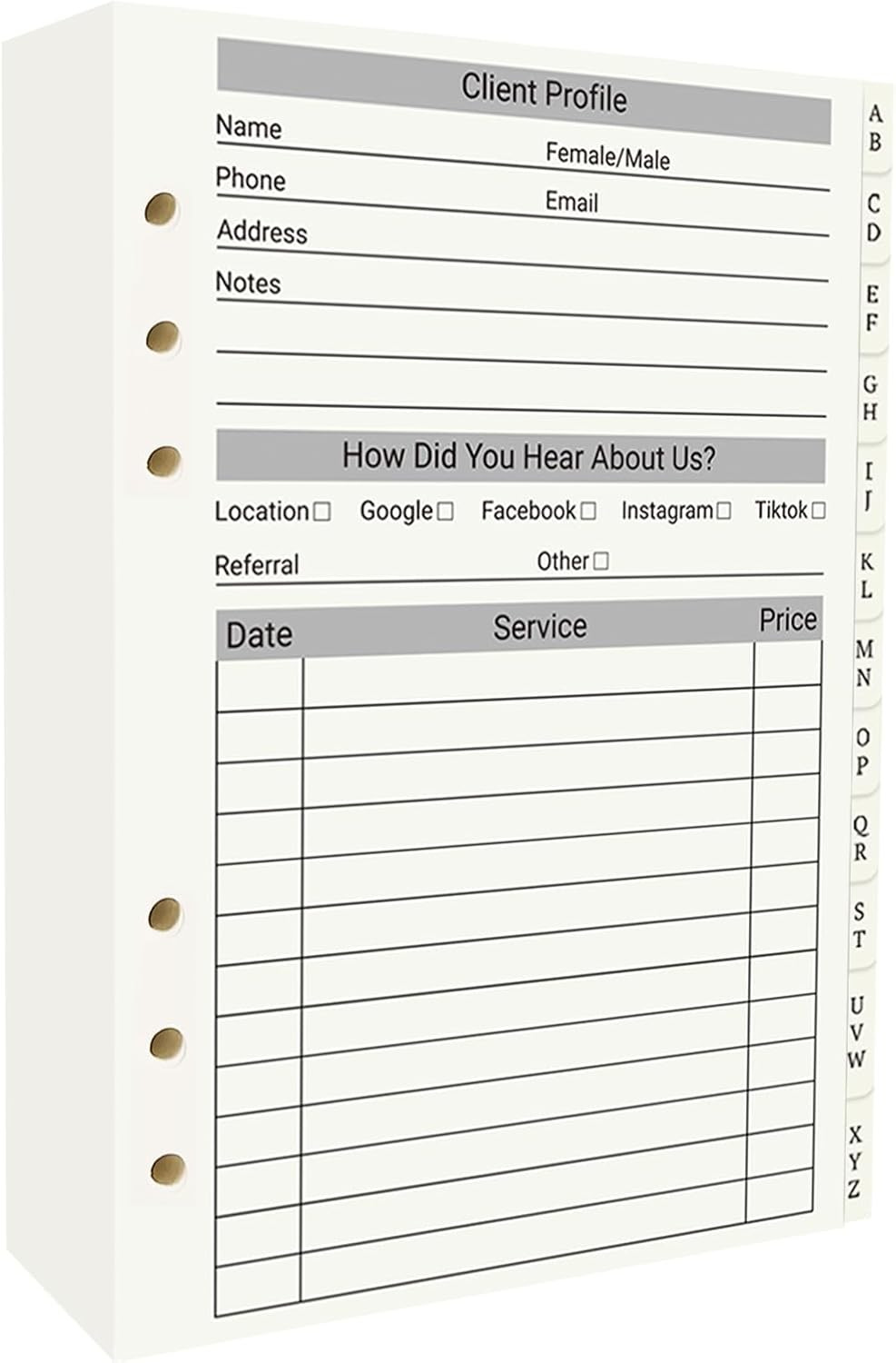 Client Record Book, Hair Stylist Profile Binder Cards with Alphabetical Tabs